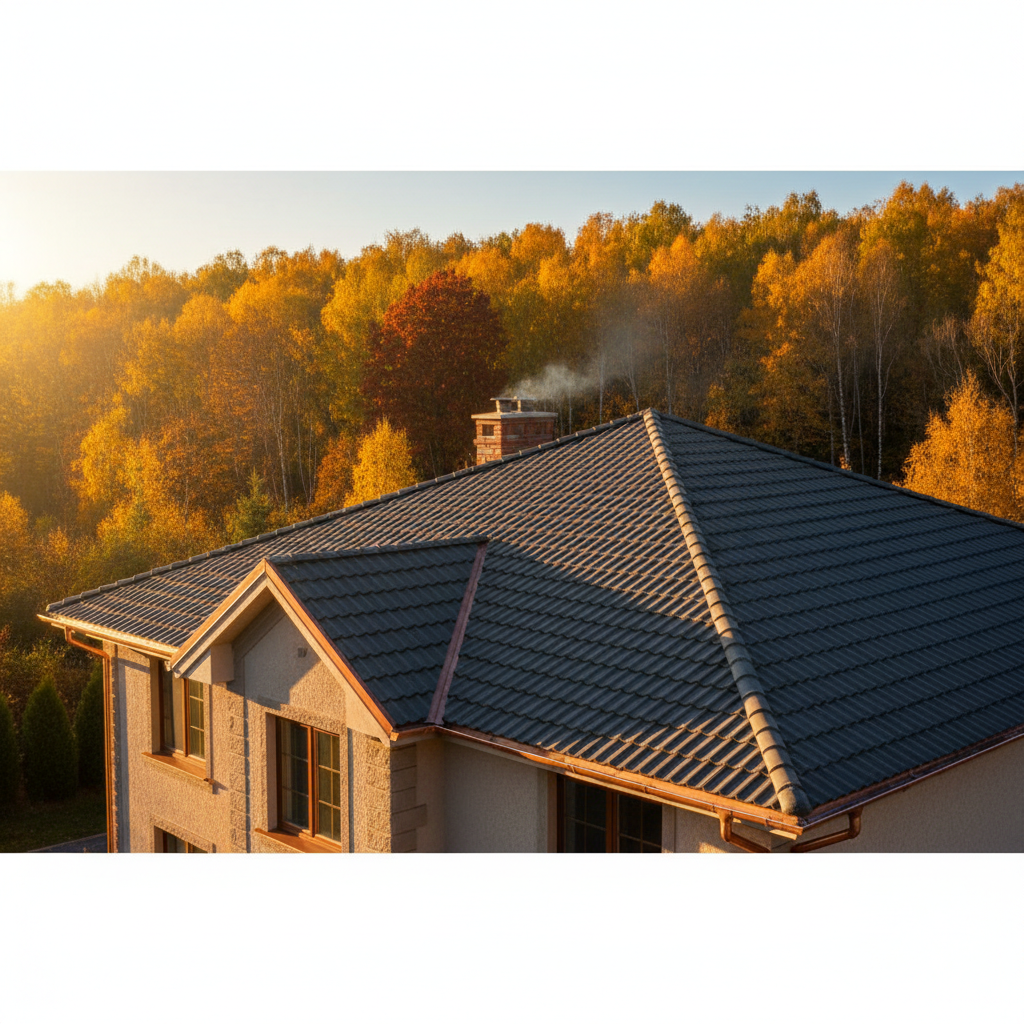 Piękny, zadbany dach domu jednorodzinnego w ciepłym świetle jesiennego popołudnia. W tle widać kolorowe drzewa, a na pierwszym planie dach z czystymi rynnami, gotowy na nadchodzącą zimę. Obraz emanuje spokojem i poczuciem bezpieczeństwa.