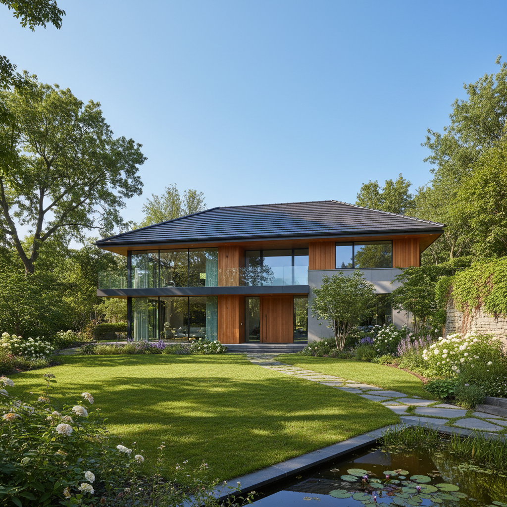 Nowoczesny dom jednorodzinny z antracytowym dachem ceramicznym, otoczony zielenią, w słoneczny dzień.