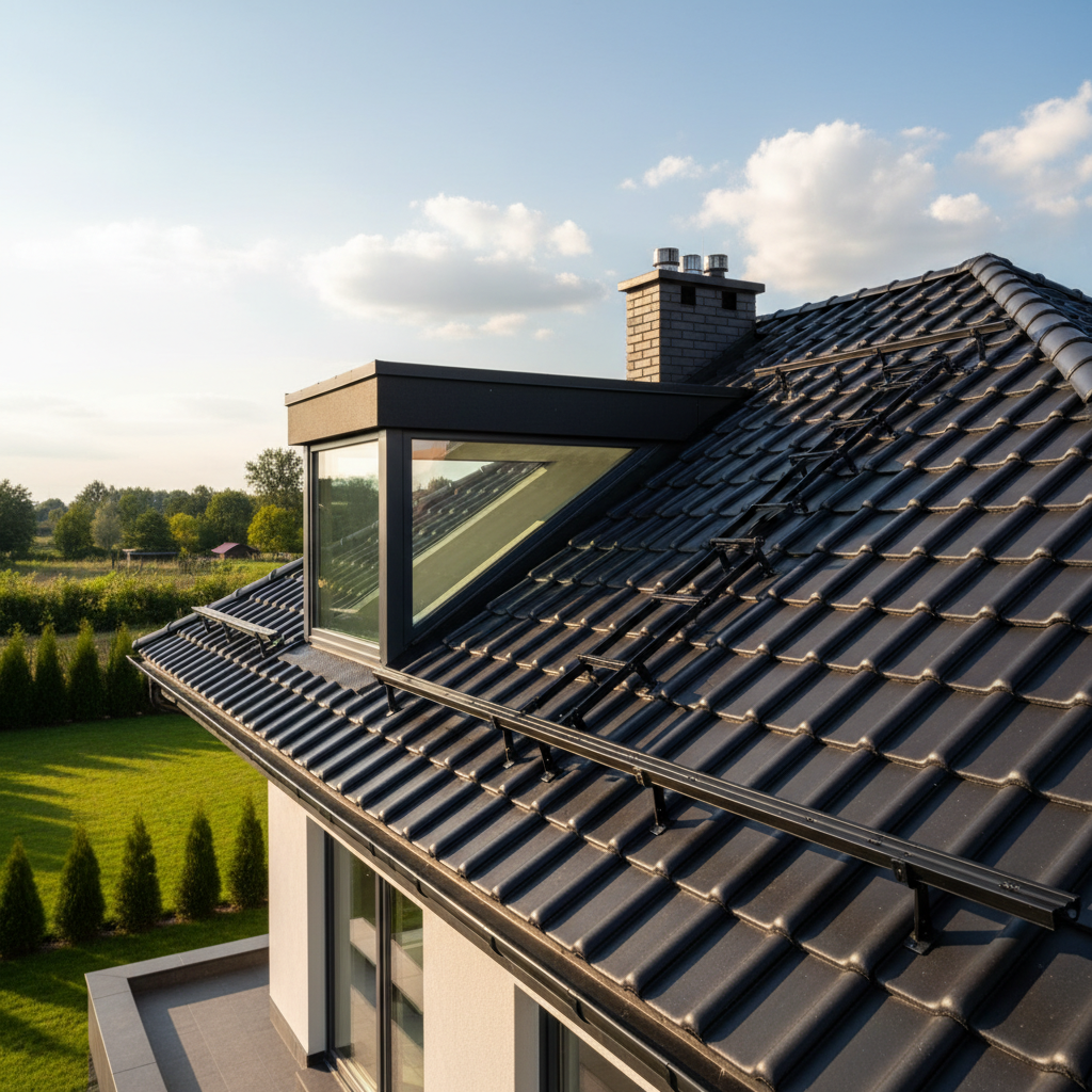 Szerokie, estetyczne ujęcie nowoczesnego dachu z ciemnej dachówki ceramicznej, skąpanego w popołudniowym słońcu. Na dachu widać subtelnie zintegrowany, kompletny system komunikacji dachowej – ciąg stopni kominiarskich prowadzących od okna dachowego do komina, przy którym zamontowana jest ława kominiarska. System jest w kolorze dachu, co podkreśla jego estetykę i spójność z projektem. W tle widać zieleń ogrodu i błękitne niebo.