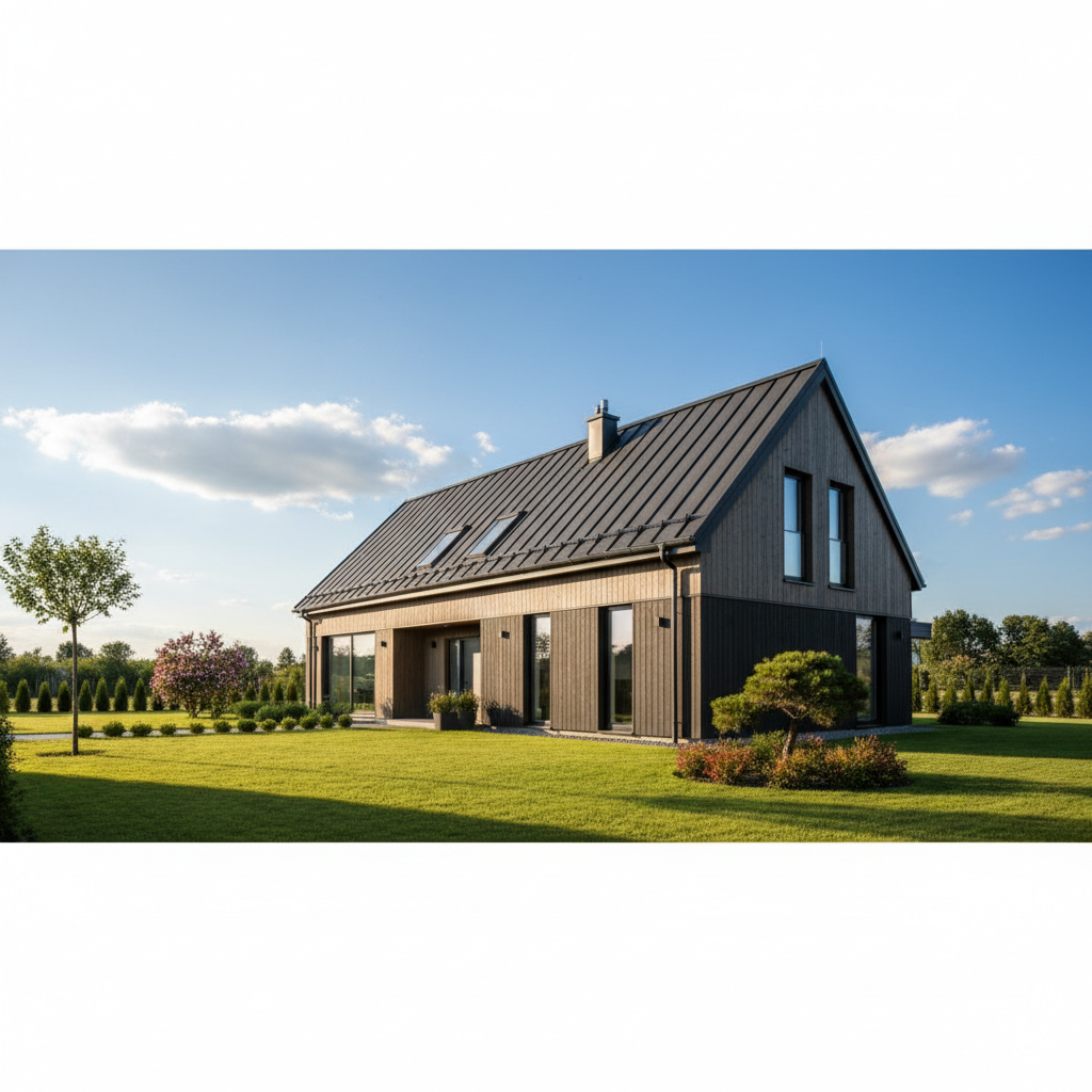 Szerokie ujęcie nowoczesnego domu jednorodzinnego typu stodoła z dachem pokrytym antracytową blachodachówką. Słońce delikatnie oświetla budynek, podkreślając estetykę i czystość linii dachu. W tle widać zadbany ogród i błękitne niebo, co tworzy obraz spokoju i bezpieczeństwa.