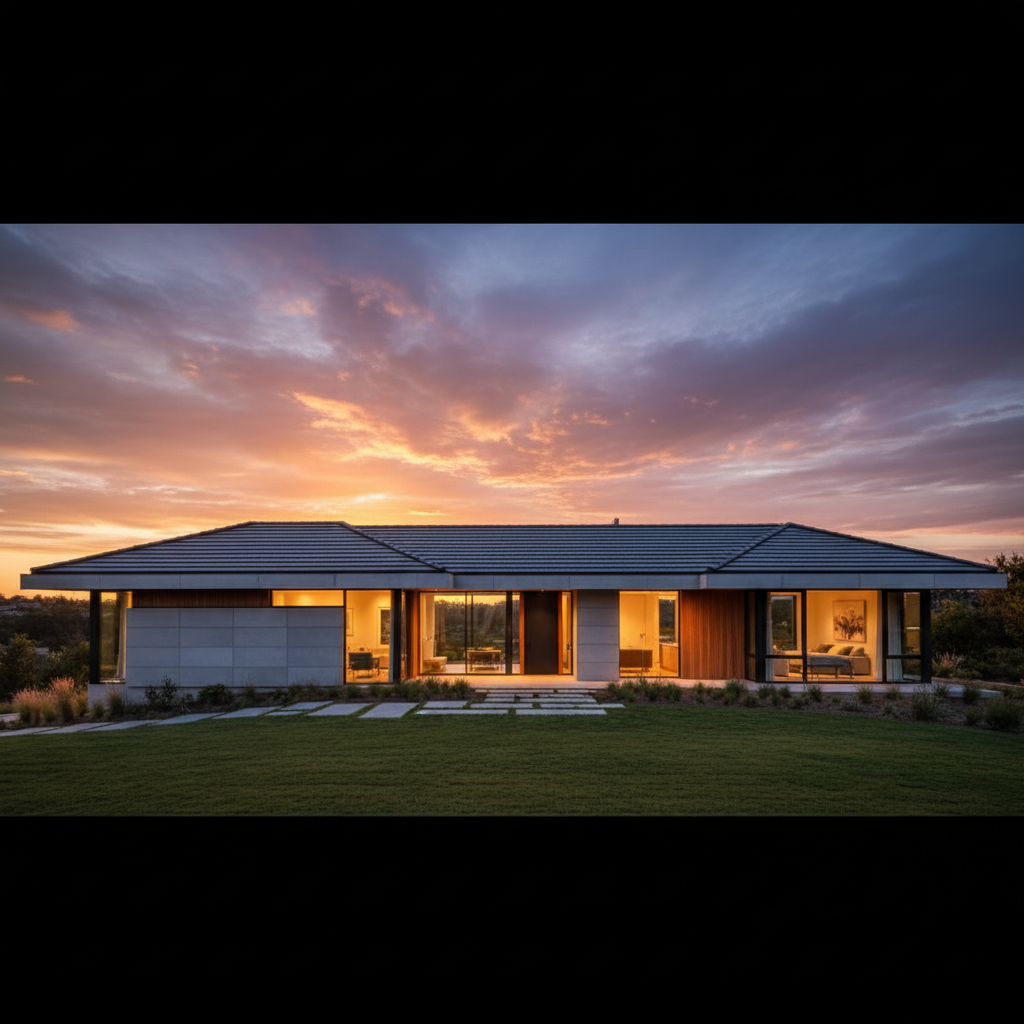 Zdjęcie główne przedstawiające piękny, nowoczesny dom jednorodzinny o zachodzie słońca. Dach jest wyraźnie widoczny, wykonany z eleganckich, ciemnych materiałów (np. płaska dachówka ceramiczna lub blacha na rąbek). Całość emanuje solidnością, bezpieczeństwem i wysoką jakością wykonania, sugerując inteligentną i przemyślaną inwestycję.