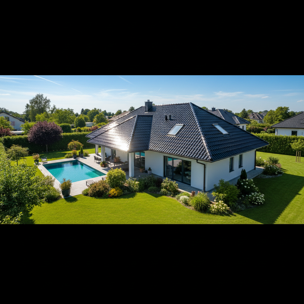 Ujęcie z drona przedstawiające nowoczesny dom z dachem pokrytym ciemną dachówką ceramiczną w pełnym słońcu. Wokół domu zadbany ogród i błękitne niebo, co podkreśla letnią, słoneczną aurę. Promienie słońca odbijają się od powierzchni dachu, wizualizując proces nagrzewania.