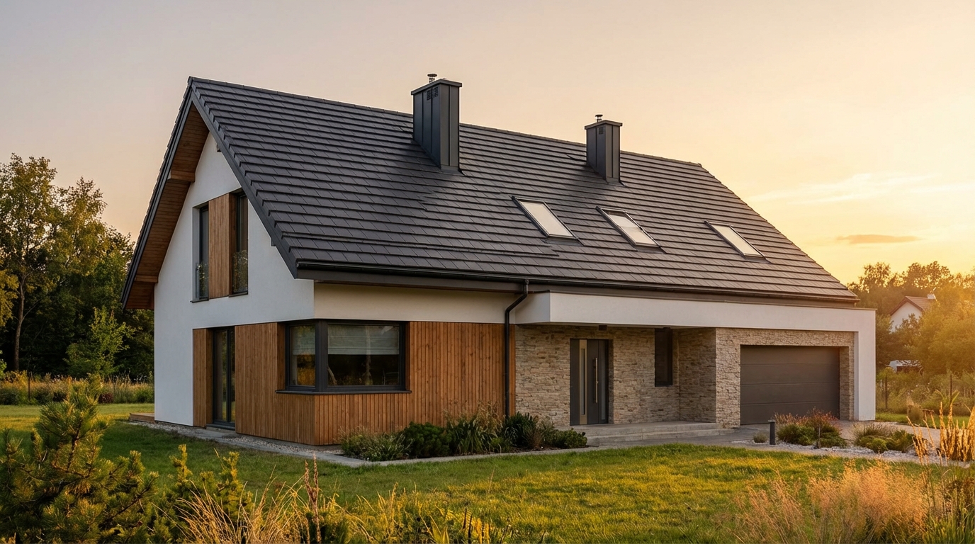 Fotorealistyczny obraz nowoczesnego domu jednorodzinnego o zachodzie słońca. Dom ma antracytowy, spadzisty dach z dachówki ceramicznej, na którym widać idealnie dopasowane akcesoria: kominki wentylacyjne i okna połaciowe. Całość prezentuje się estetycznie i spójnie, podkreślając harmonię konstrukcji.