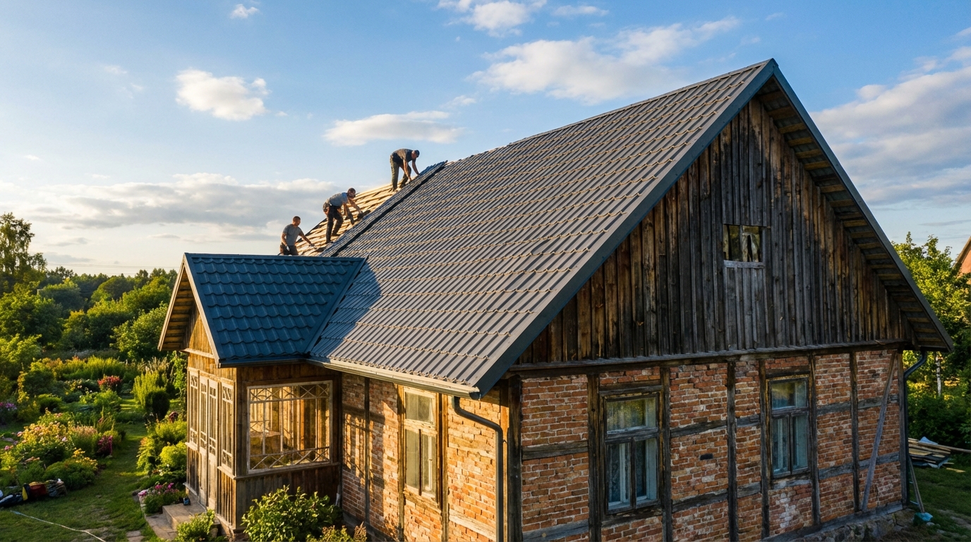 Szerokie ujęcie malowniczego, starego domu z cegły lub drewna, na którym ekipa dekarzy kończy układać nowy, elegancki dach z ciemnoszarej blachodachówki. Słońce delikatnie oświetla scenę, podkreślając kontrast między starą architekturą a nowoczesnym pokryciem. W tle widać zielony ogród i błękitne niebo.