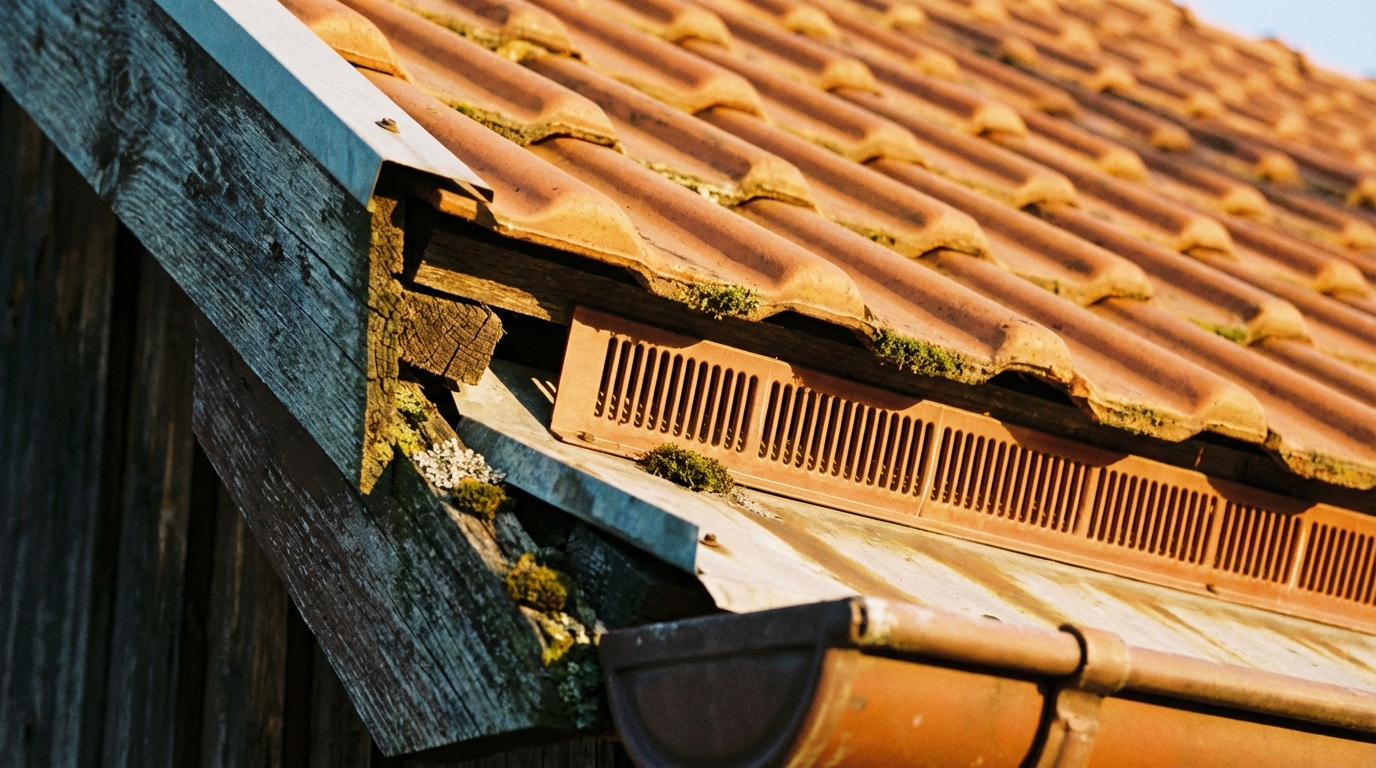 Zbliżenie na okap dachu z widocznymi elementami wentylacyjnymi, takimi jak grzebień okapu (wróblówka) i listwa wentylacyjna, zamontowanymi pod rzędem ceramicznych dachówek. Ciepłe, poranne światło podkreśla teksturę drewna i dachówek.
