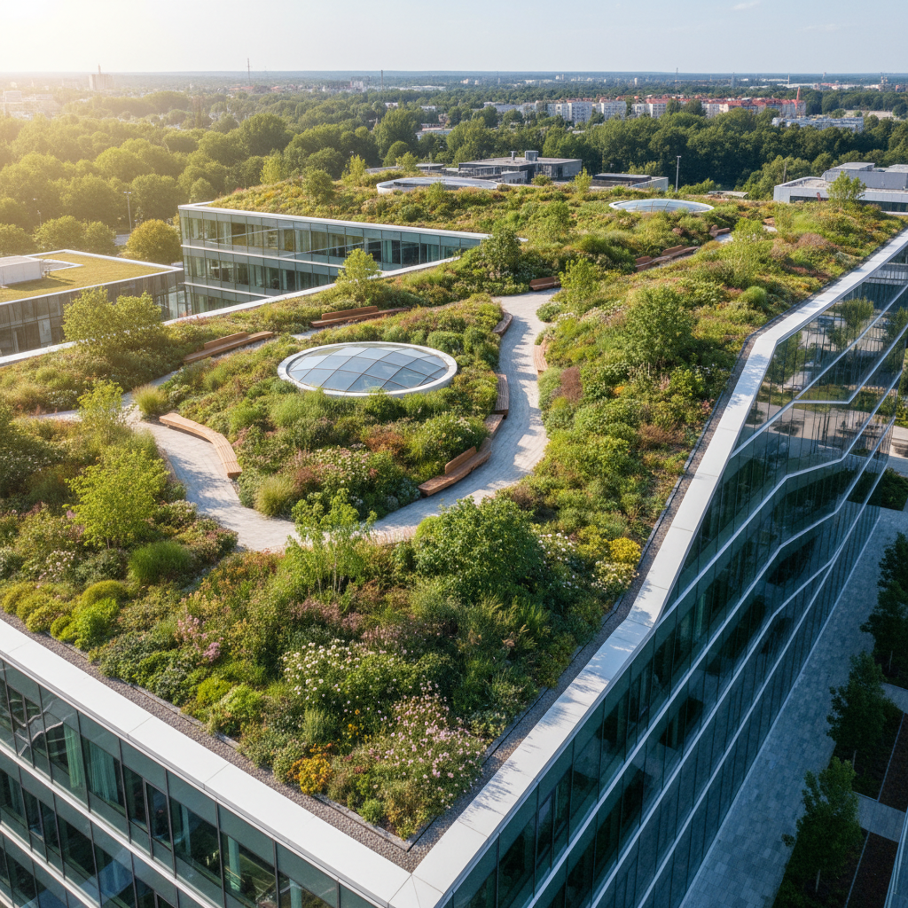 Szeroki kadr ukazujący nowoczesny budynek biurowy z rozległym, bujnym dachem zielonym. Widać ścieżki, ławki i różnorodną roślinność. Kadr uchwycony z góry, w słoneczny dzień, podkreślający harmonię architektury z naturą i ekologiczny charakter rozwiązania.