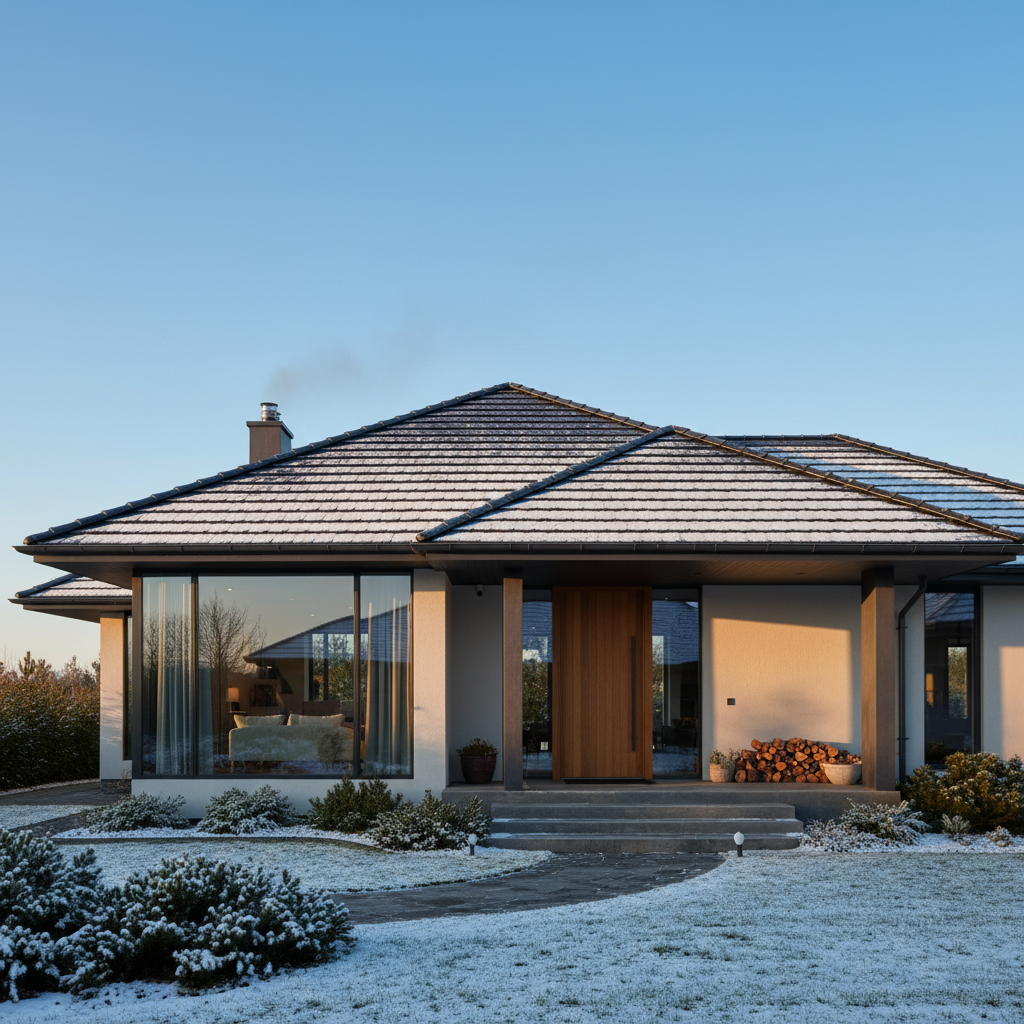 piękny, nowoczesny dom z idealnie utrzymanym dachem z ciemnej dachówki, lekko oprószonym pierwszym śniegiem. Niebo jest rześkie i błękitne, a słońce późnego popołudnia rzuca na dom ciepłe światło. Obraz ma wywoływać poczucie bezpieczeństwa, ciepła i gotowości na nadejście zimnej pory roku.