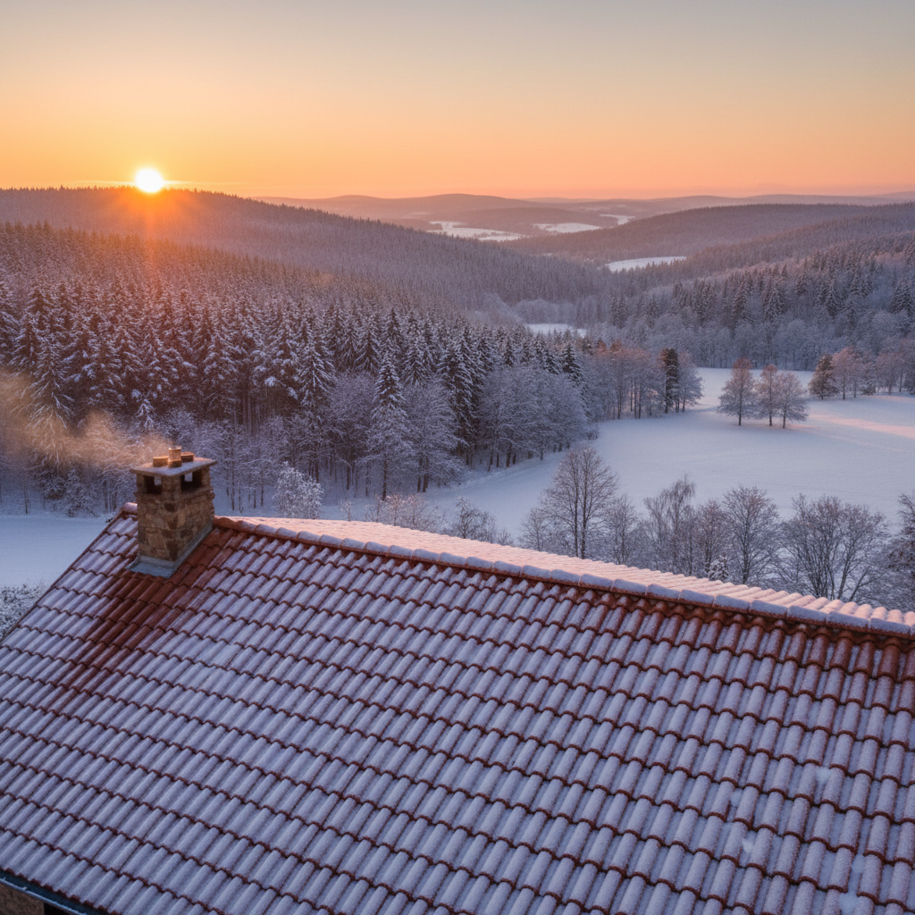 Szerokie ujęcie solidnego dachu z dachówki ceramicznej, lekko oprószonego pierwszym śniegiem. W tle widać malowniczy, zimowy krajobraz z lasem o wschodzie słońca. Obraz ma ciepłą, spokojną kolorystykę, co ma symbolizować bezpieczeństwo i ciepło domu przygotowanego na mrozy.