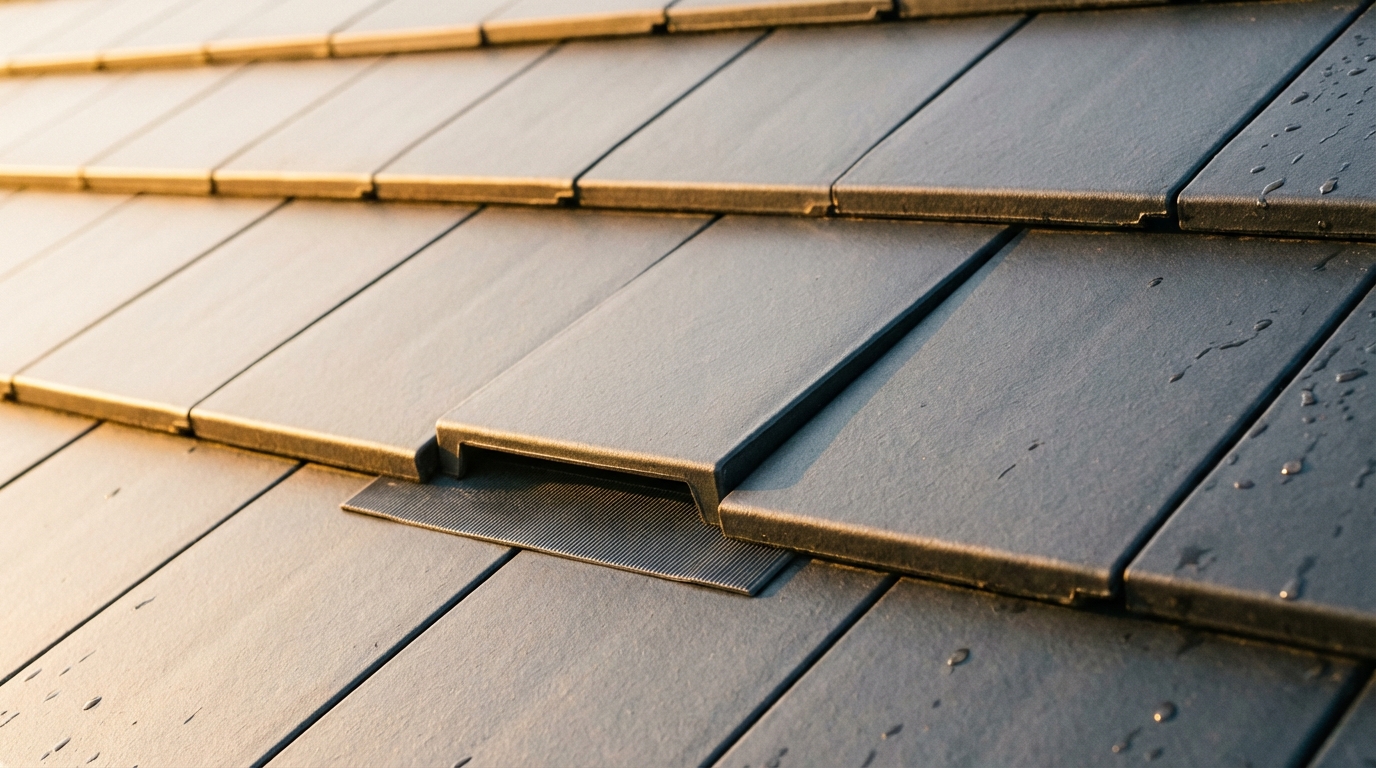 Estetyczne zbliżenie na fragment dachu pokrytego nowoczesnymi, płaskimi dachówkami ceramicznymi w kolorze antracytowym. Jedna z dachówek to dachówka wentylacyjna, idealnie wkomponowana w połać. Słońce delikatnie oświetla dach, podkreślając jego czystą linię i strukturę.