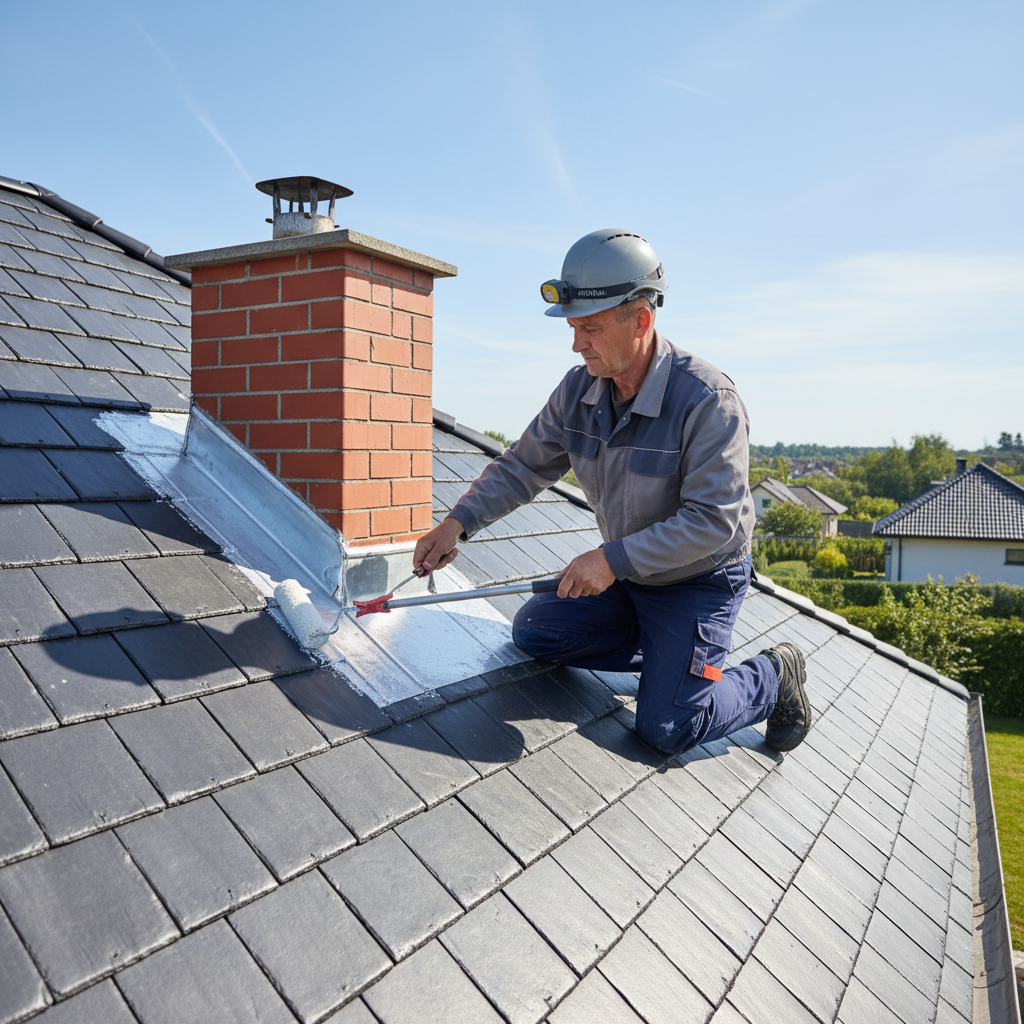 Zdjęcie przedstawiające dekarza w profesjonalnym stroju, który za pomocą pędzla lub wałka starannie aplikuje nylon dekarski wokół podstawy komina na dachu. Słoneczny dzień, dach w tle wygląda na zadbany.