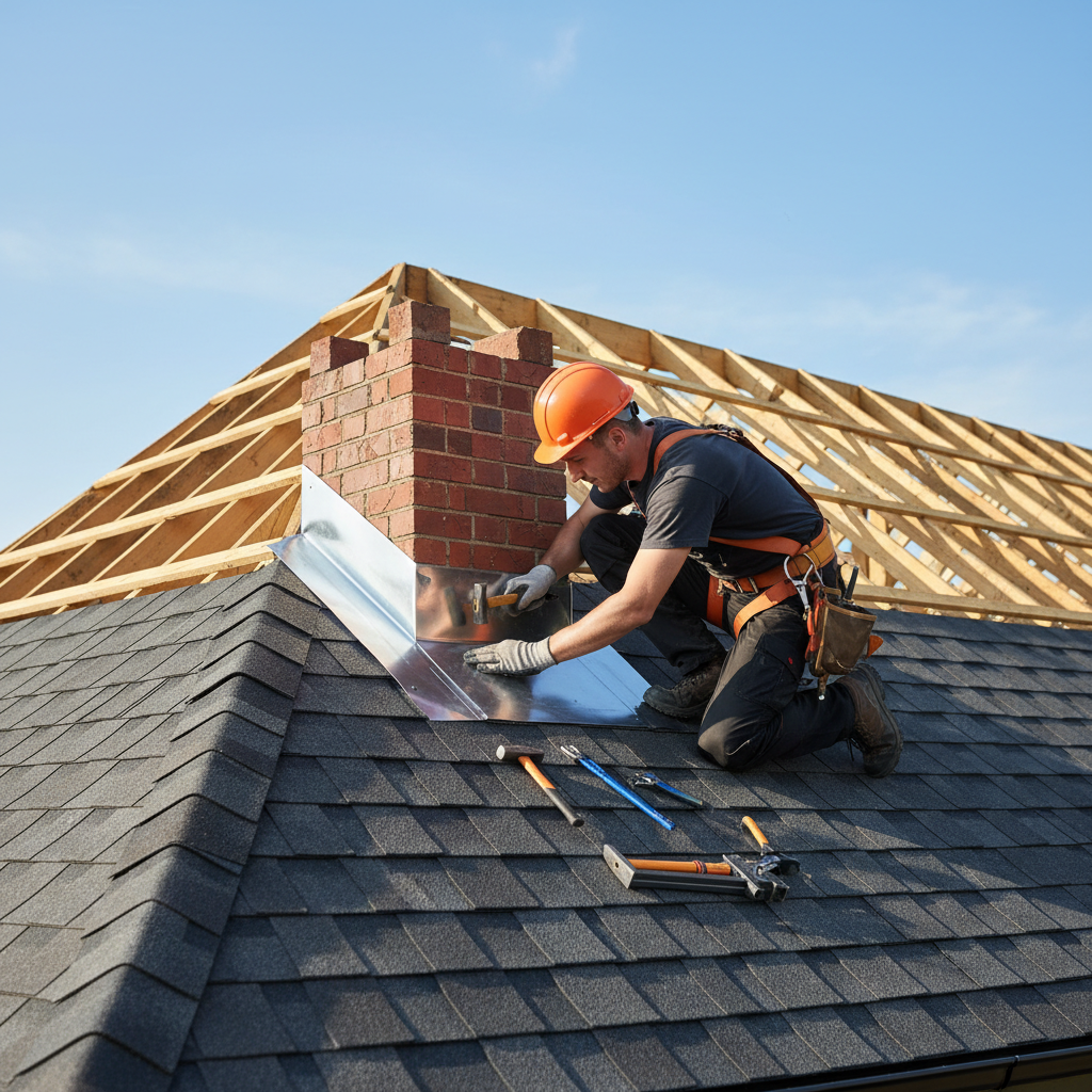 Profesjonalny dekarz w kasku i z narzędziami, pracujący na stromym dachu, montujący obróbki blacharskie wokół komina. W tle widać fragment więźby dachowej i błękitne niebo, co podkreśla precyzję i fachowość wykonywanych prac.