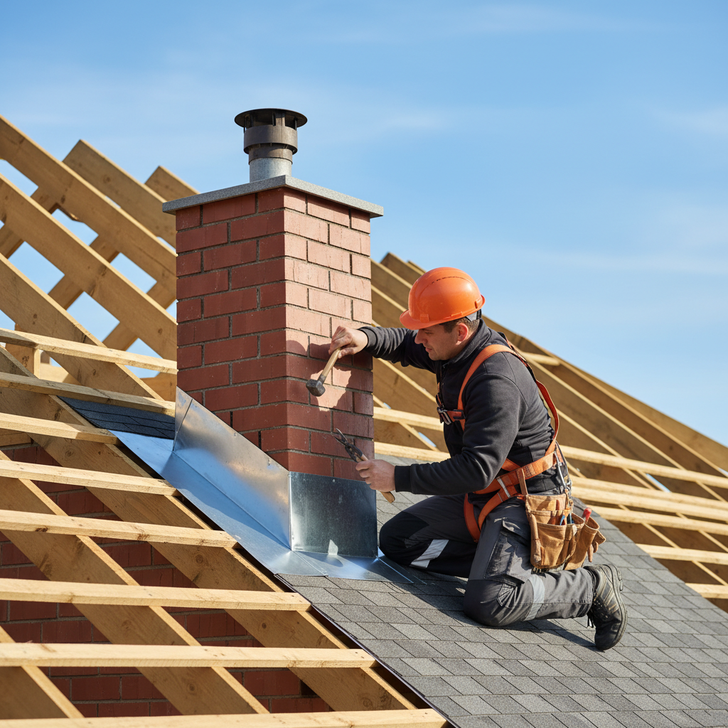 Profesjonalny dekarz w kasku i odzieży roboczej, klęczący na dachu nowo budowanego domu. W ręku trzyma narzędzia i starannie montuje obróbki blacharskie wokół komina. W tle widać fragment więźby dachowej i błękitne niebo, co podkreśla precyzję pracy i solidność konstrukcji.