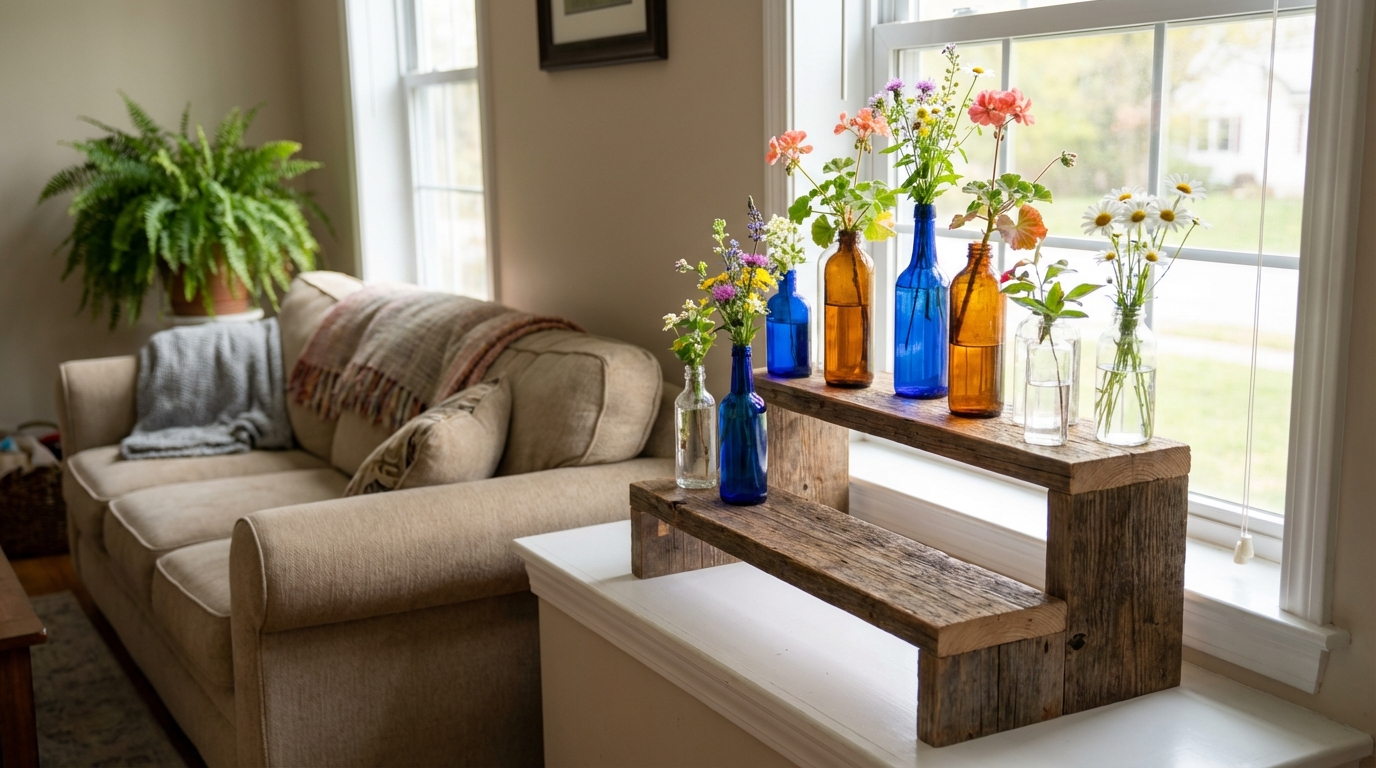 Gotowy, drewniany stojak na kwiaty stoi na białym parapecie w jasnym pokoju dziennym. Przez okno wpada mnóstwo naturalnego światła, które pięknie podświetla szklane butelki i kolorowe kwiaty w środku. W tle widać fragment przytulnej kanapy i zieloną roślinę doniczkową, co tworzy spójną, świeżą i relaksującą aranżację wnętrza.