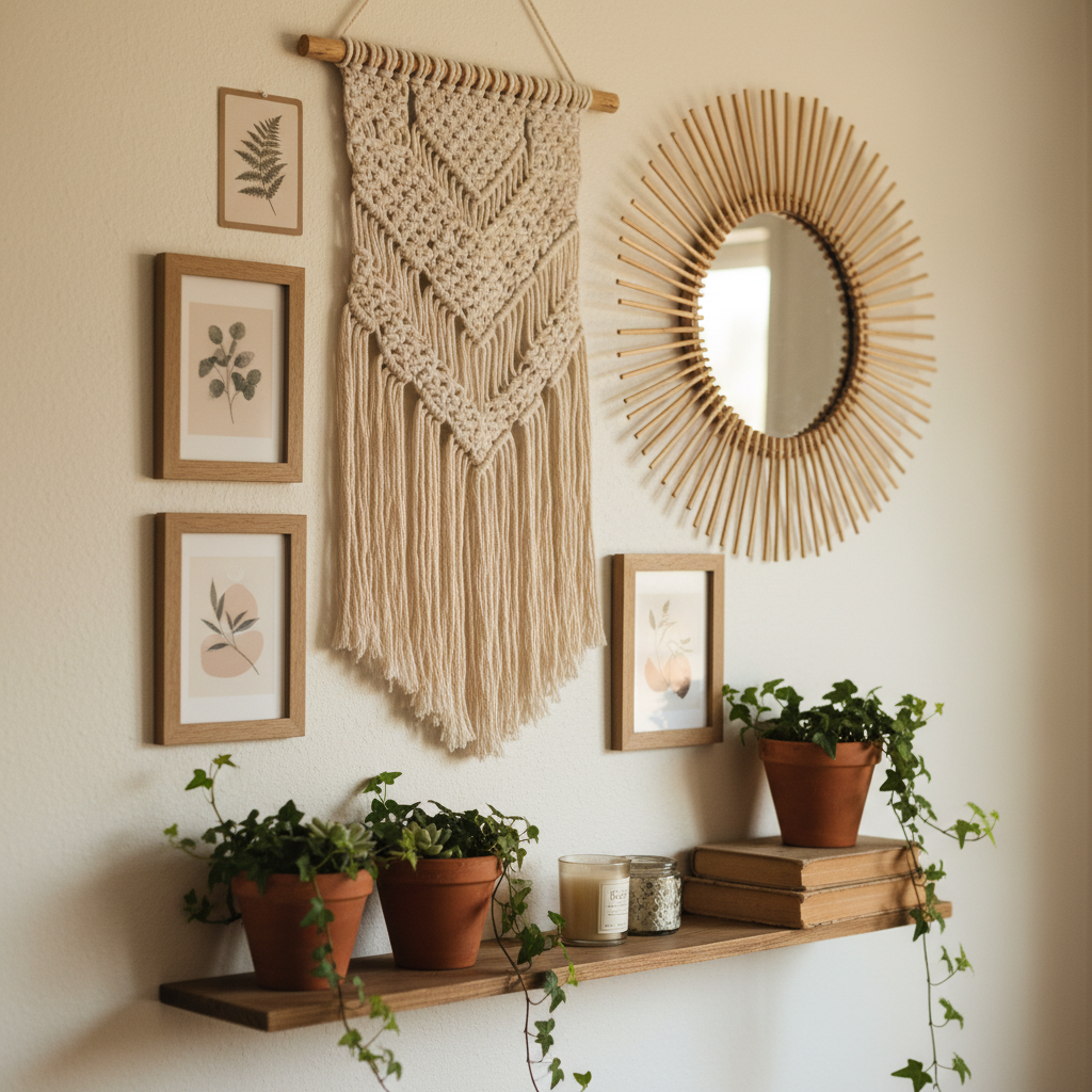 Zbliżenie na fragment ściany w pokoju nastolatki w stylu boho. Na ścianie wisi makrama, kilka małych obrazków w drewnianych ramkach oraz lustro w kształcie słońca. Na półce poniżej stoją doniczki z zielonymi roślinami, świece zapachowe i kilka książek. Ciepłe, rozproszone światło tworzy przytulną atmosferę.