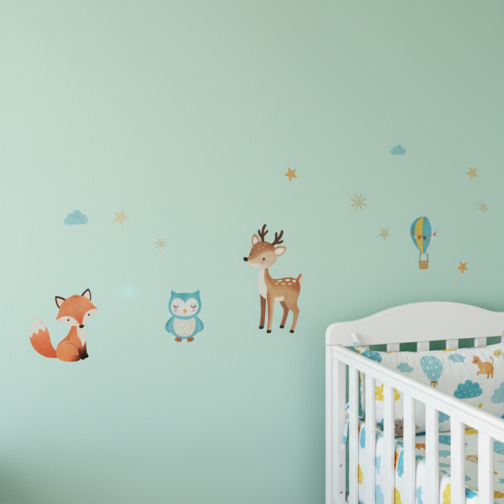 Fragment ściany pomalowanej na pastelowy, miętowy kolor, na której umieszczono kilka uroczych naklejek w kształcie zwierząt leśnych i gwiazdek. Obok widać fragment białego, drewnianego łóżeczka z kolorową pościelą.