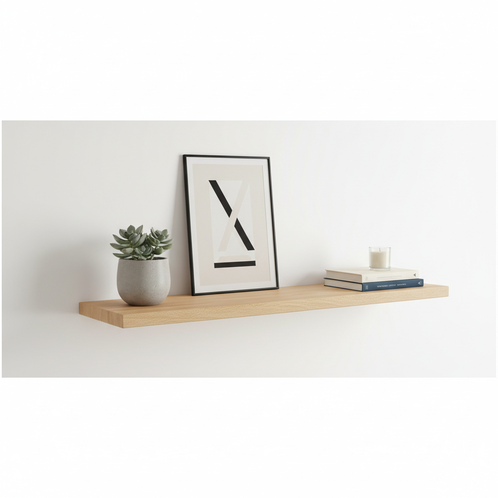 Półka ścienna z jasnego drewna, na której stoją minimalistyczne dekoracje. Po lewej stronie mała roślina doniczkowa (sukulenta) w szarej, betonowej osłonce. Na środku stoi oprawiony w czarną ramkę plakat z prostą, abstrakcyjną grafiką. Po prawej stronie dwie książki i mała, biała świeca w szklanym pojemniku. Tło to gładka, biała ściana.