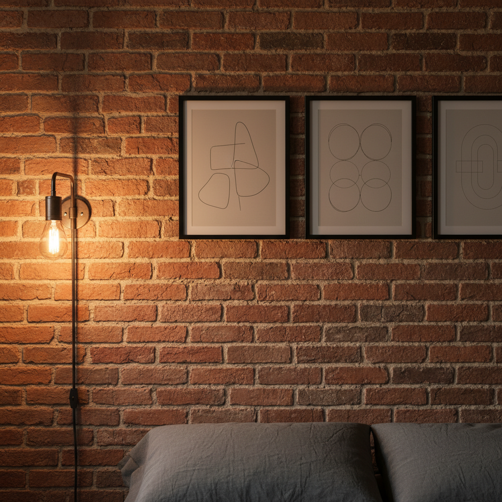 Zbliżenie na fragment ściany z naturalnej, czerwonej cegły za zagłówkiem łóżka. Na ścianie wisi galeria składająca się z trzech nowoczesnych grafik w czarnych, minimalistycznych ramach. Z boku widać stylowy, industrialny kinkiet rzucający ciepłe, boczne światło, które wydobywa chropowatą fakturę cegły.