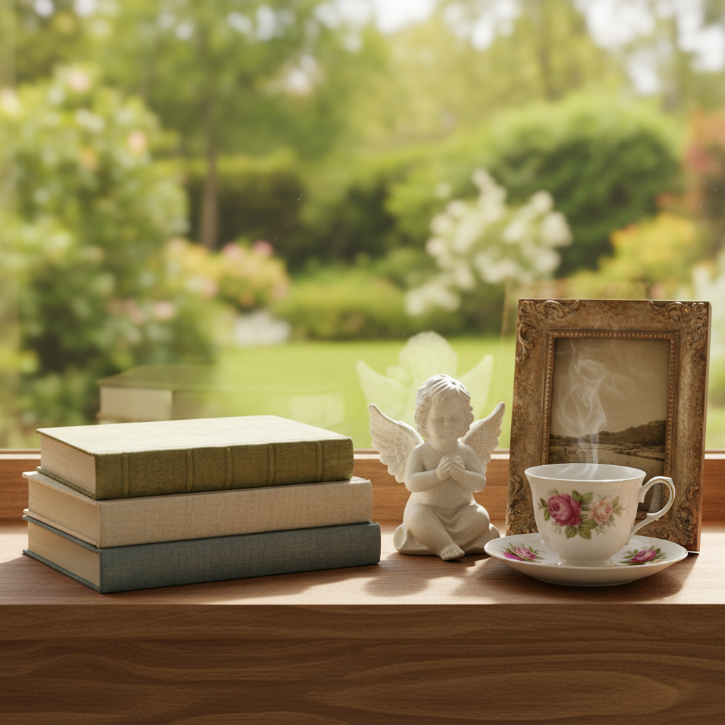 Kompozycja dekoracyjna na parapecie. Stare książki w płóciennych oprawach, mała figurka aniołka, ozdobna ramka na zdjęcia z efektem postarzenia oraz filiżanka w róże. Za oknem widać rozmyty, zielony ogród.