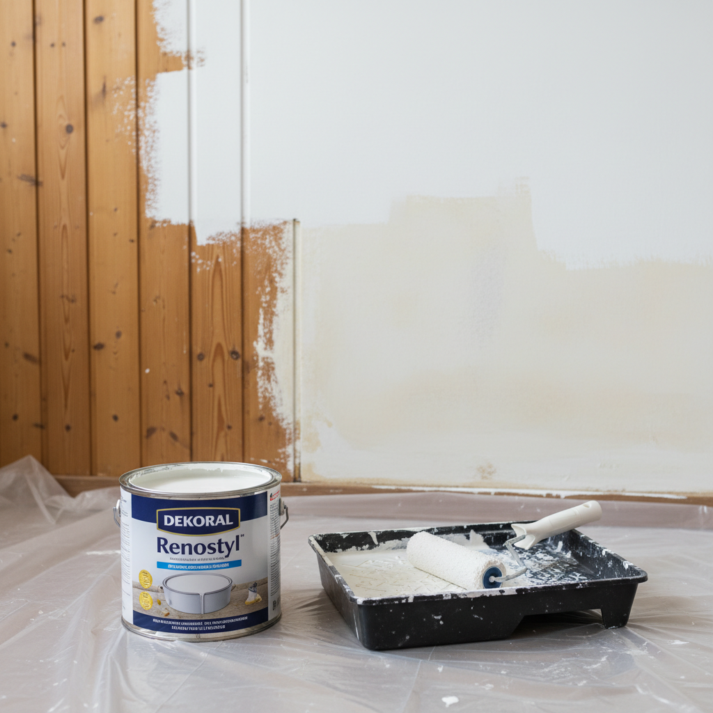 Estetyczne, czyste ujęcie przedstawiające otwartą puszkę farby Dekoral Renostyl stojącą na zabezpieczonej folią podłodze. Obok leży wałek malarski na kuwecie. W tle widać ścianę z lamperią, która jest w połowie pokryta białą, matową warstwą podkładu, co wyraźnie kontrastuje ze starą, błyszącą powłoką.