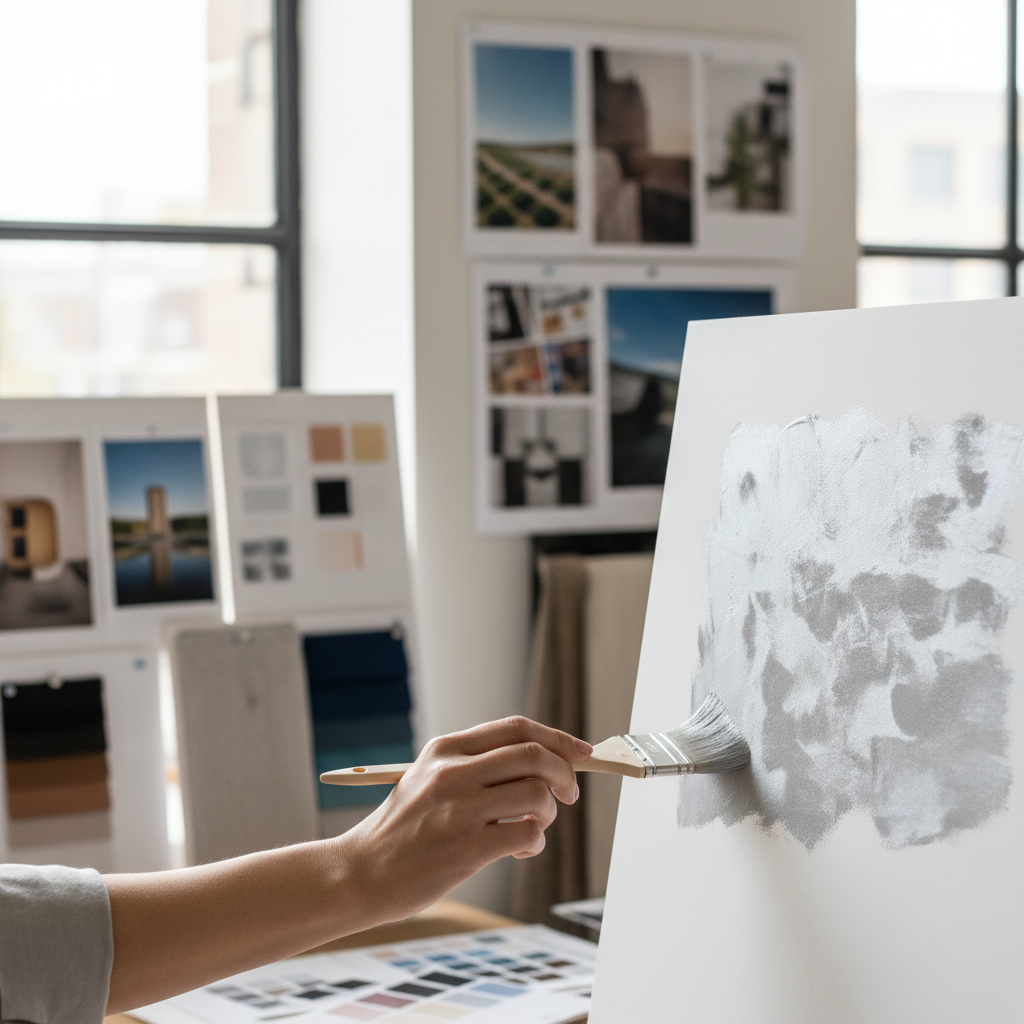 Jasne, nowoczesne studio projektowania wnętrz. Dłoń z pędzlem elegancko nakłada próbkę połyskującej, srebrzystoszarej farby o efekcie aksamitu na tablicę z wzornikami. W tle widać palety kolorów, próbki tkanin i moodboardy, tworząc atmosferę kreatywności i designu.