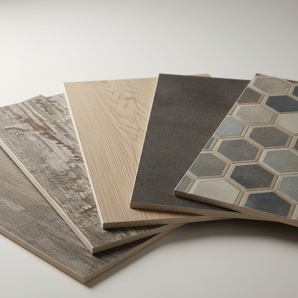 Zbliżenie na próbki różnych paneli winylowych ułożone w wachlarz na neutralnym tle. Widoczne są różnorodne tekstury i dekory: imitacja postarzanego drewna, jasnego dębu, ciemnego betonu architektonicznego oraz geometryczny wzór w stonowanych kolorach. Światło studyjne podkreśla detale i realistyczny wygląd każdej próbki.