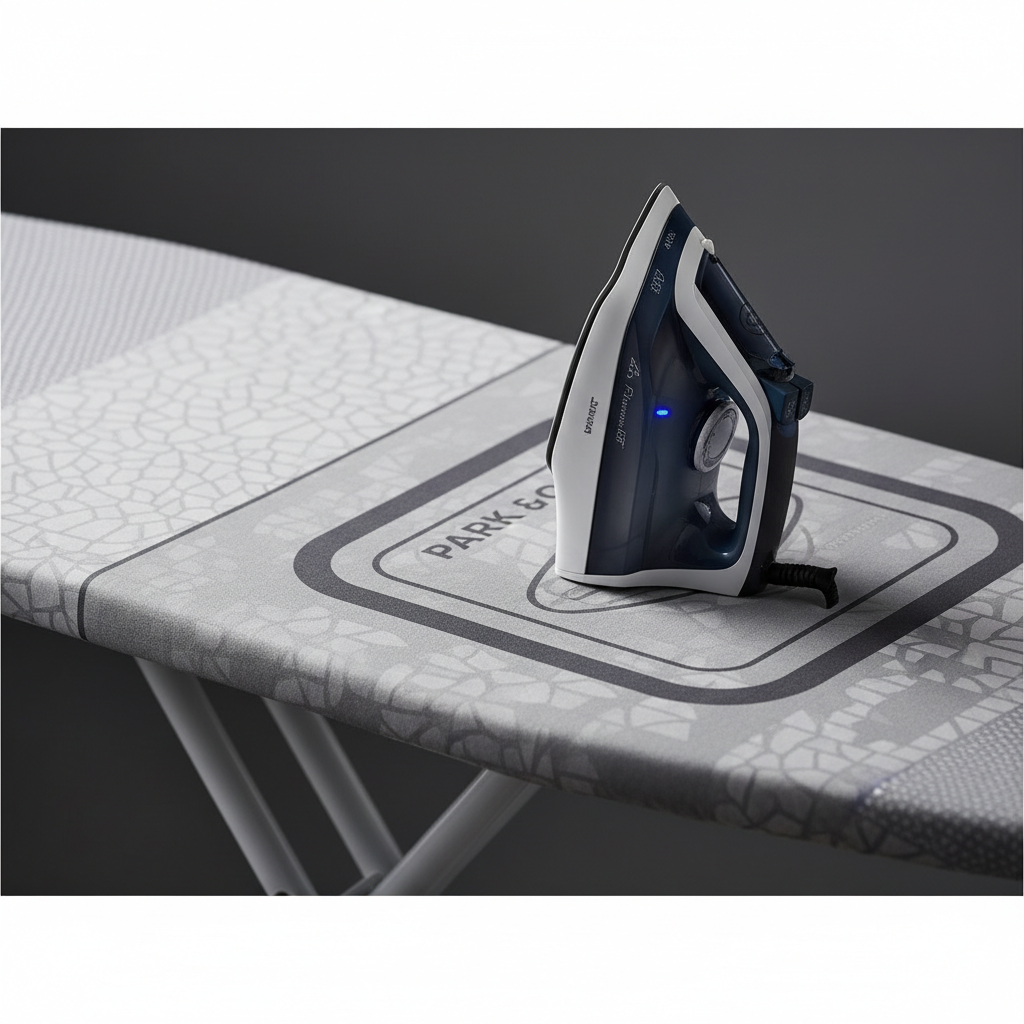 Zbliżenie na fragment nowoczesnej deski do prasowania Vileda. Widać strukturę innowacyjnego pokrowca Park & Go z metalizowaną powierzchnią, która delikatnie połyskuje w świetle. Na specjalnej strefie do parkowania stoi nowoczesne żelazko parowe. Ujęcie jest eleganckie i skupione na technologii, podkreślając jakość i zaawansowanie produktu.
