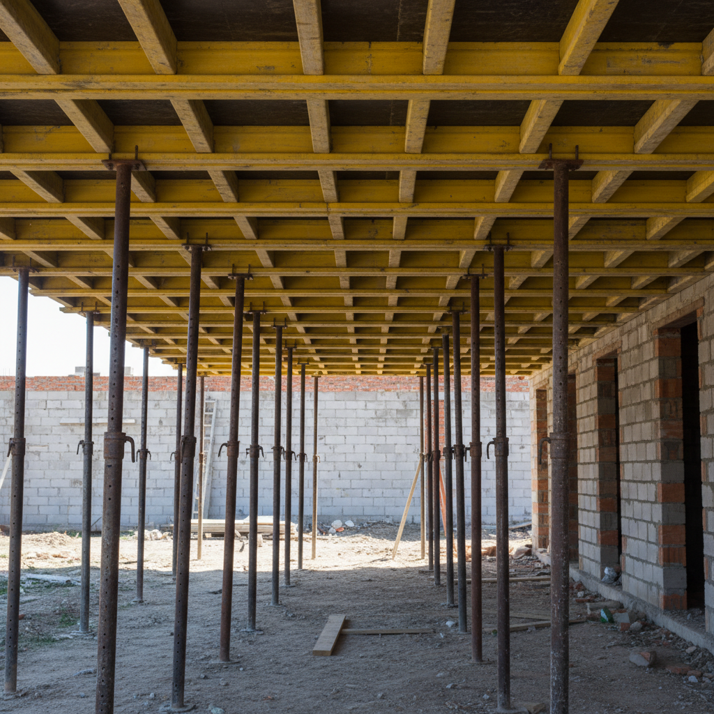 Zdjęcie przedstawiające gęstą i skomplikowaną siatkę stalowych stempli podtrzymujących żółte dźwigary i gładkie płyty szalunkowe. Całość tworzy precyzyjną, tymczasową konstrukcję pod strop monolityczny na placu budowy. W tle widać ściany nowo powstającego domu, co nadaje scenie realizmu.
