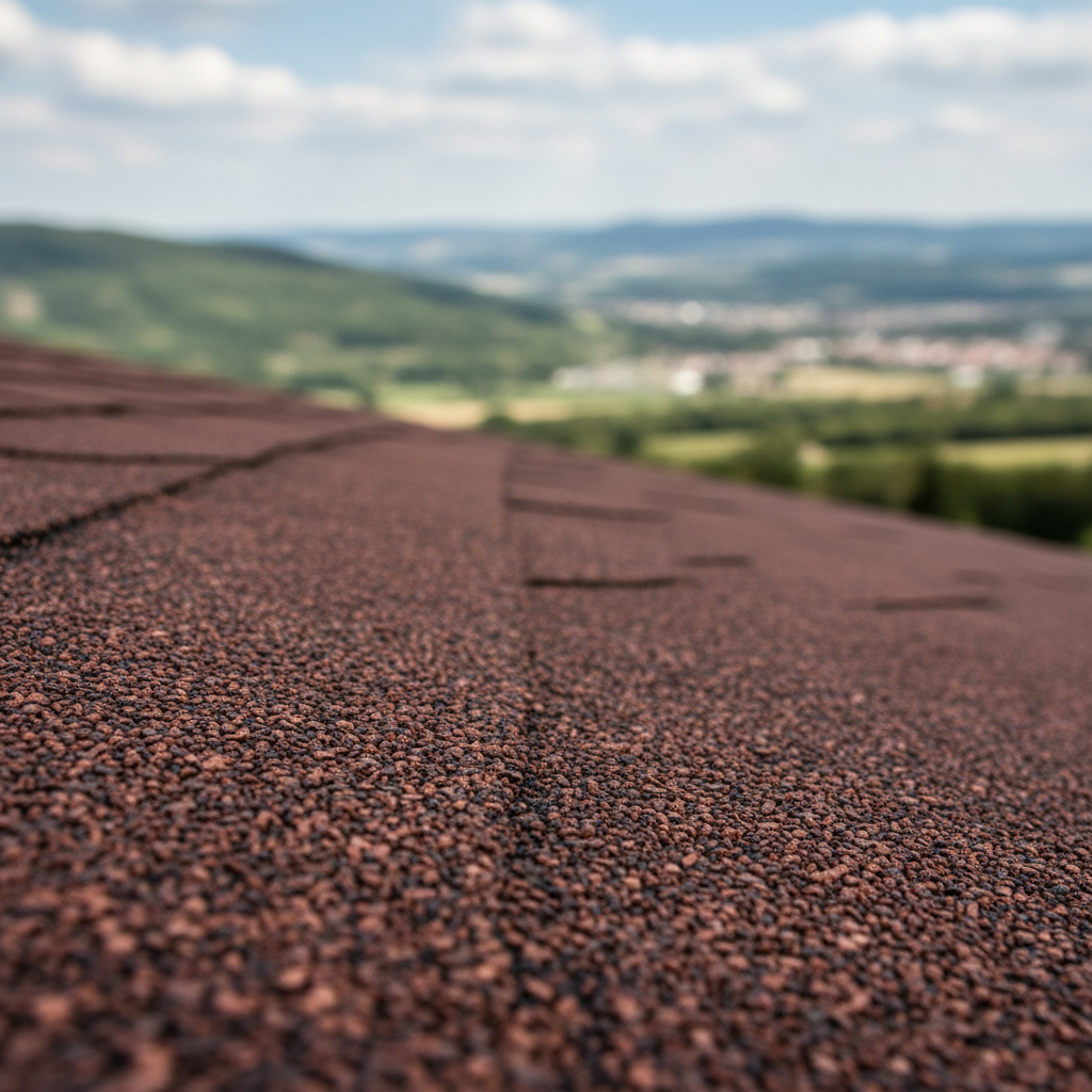 Makro zdjęcie tekstury gontu bitumicznego w kolorze ciemnej czerwieni, z widocznymi drobinkami posypki mineralnej. W tle delikatnie rozmyty krajobraz, co podkreśla estetyczny wygląd materiału.