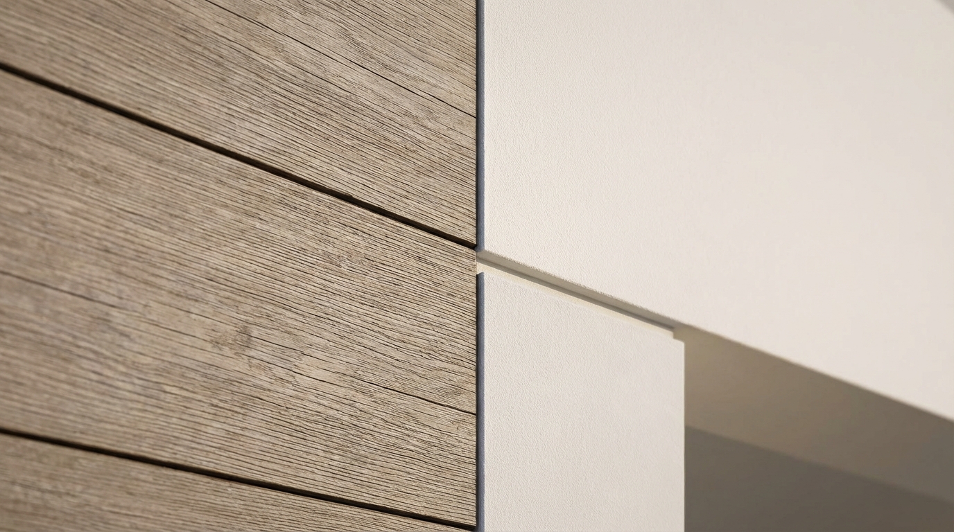 Zbliżenie na fragment nowoczesnej elewacji, gdzie widać precyzyjne połączenie różnych materiałów, na przykład drewna i tynku. Słońce delikatnie oświetla teksturę ściany, podkreślając jej czyste linie i jakość wykonania, co byłoby trudne do osiągnięcia przy bardzo grubej warstwie ocieplenia.