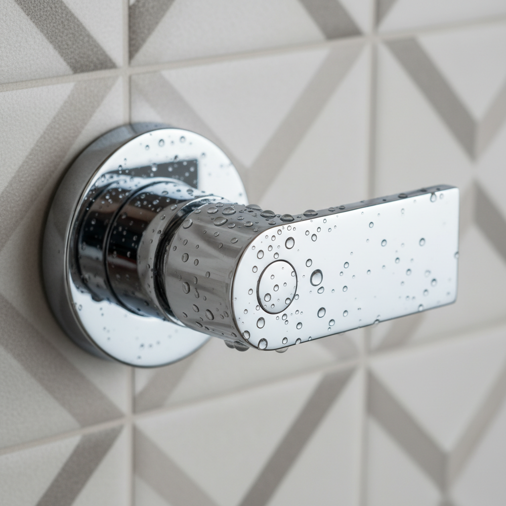 Makro ujęcie chromowanej dźwigni baterii podtynkowej Deante zamontowanej na tle nowoczesnych, teksturowanych płytek. Na dźwigni widoczne są pojedyncze krople wody, co podkreśla jej wodoodporność i wysoką jakość wykonania. Oświetlenie jest miękkie i studyjne.