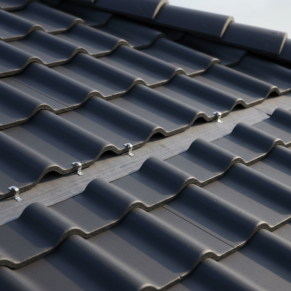 Zbliżenie na fragment dachu z ciemnoszarej dachówki ceramicznej. Widać precyzyjnie zamontowane klamry spinające dachówki oraz fragment taśmy kalenicowej. Słońce delikatnie oświetla powierzchnię, podkreślając teksturę i jakość materiałów. Kadr jest estetyczny i skupiony na detalu, emanuje solidnością.