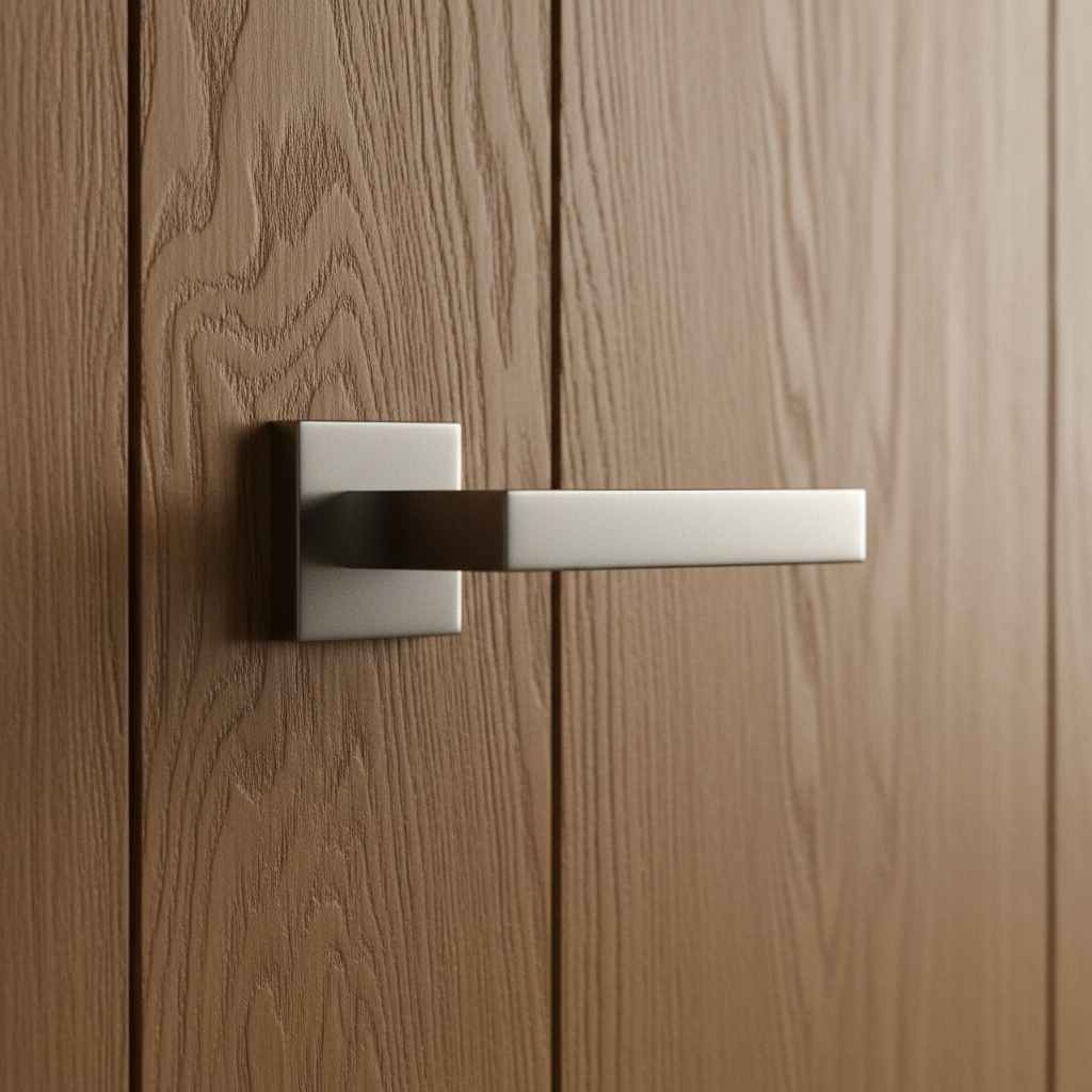 Zbliżenie na fragment solidnych, dębowych drzwi, ukazujące piękną, wyrazistą fakturę i usłojenie drewna. Na drzwiach zamontowana jest prosta, nowoczesna klamka ze szczotkowanej stali. Światło delikatnie oświetla powierzchnię, podkreślając każdy detal rzemieślniczej pracy.