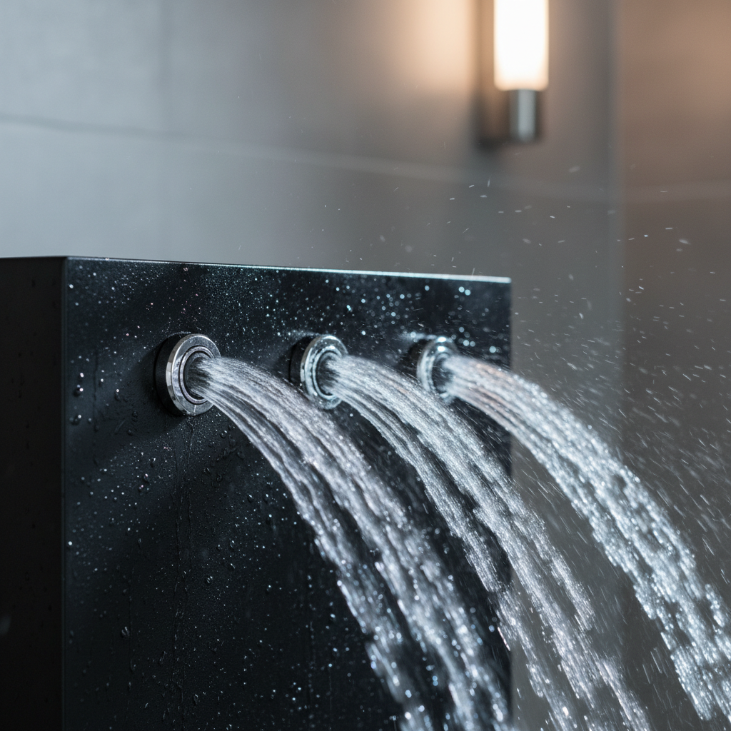 Zbliżenie na chromowane dysze hydromasażowe wbudowane w czarny, matowy panel prysznicowy. Z dysz tryskają drobne, dynamiczne strumienie wody, tworząc efekt mgiełki. Tło jest delikatnie rozmyte, skupiając uwagę na detalach i jakości wykonania panelu.