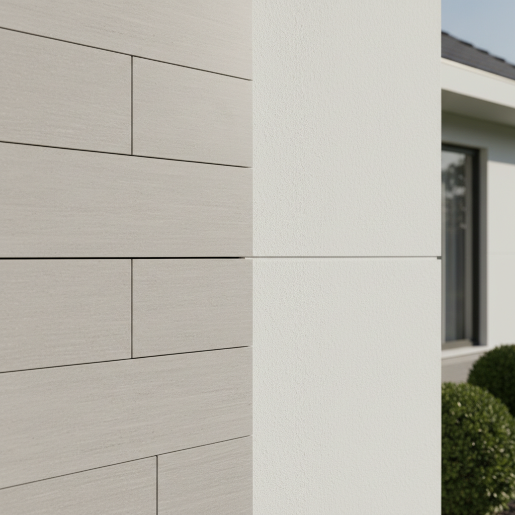 Kadr architektoniczny pokazujący połączenie dwóch materiałów na fasadzie nowoczesnego domu. Jasnoszare płytki silikatowe o wyraźnej fakturze kontrastują z idealnie gładką, białą ścianą pokrytą tynkiem. Czysta linia styku materiałów i gra cieni podkreślają precyzję wykonania.