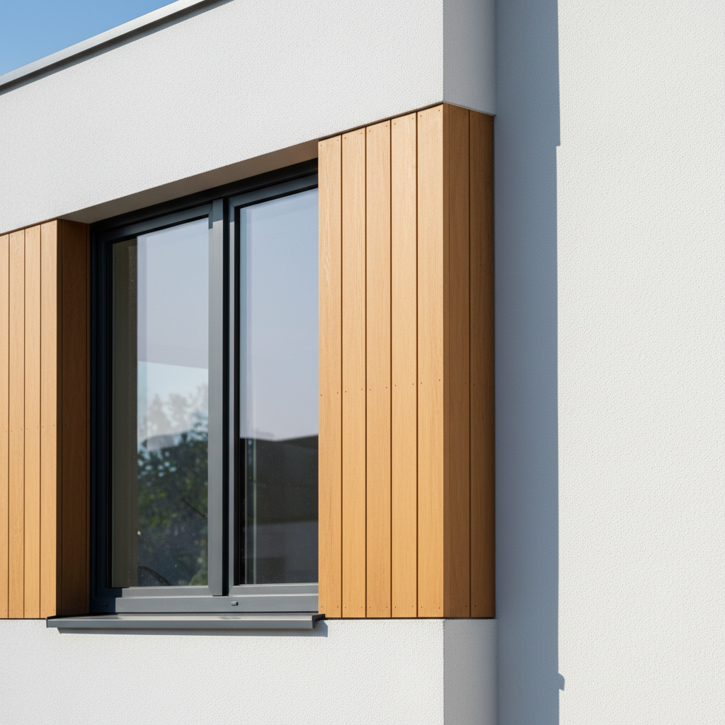 Zbliżenie na narożnik nowoczesnego domu, ukazujące perfekcyjne połączenie trzech materiałów. Gładka, biała ściana tynkowana spotyka się z ciemnoszarą stolarką okienną i pionowymi panelami z ciepłego, naturalnego drewna. Słońce rzuca wyraźny cień, podkreślając fakturę i trójwymiarowość kompozycji.