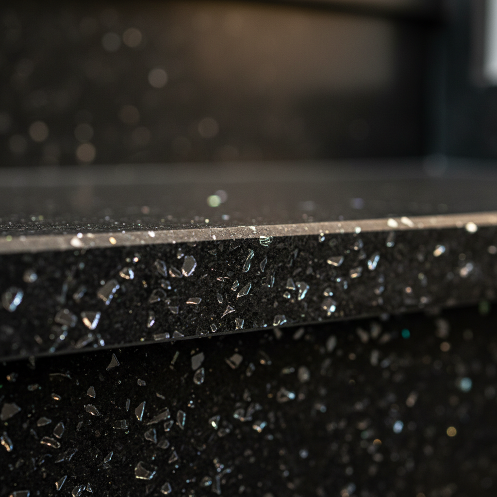 Zbliżenie na krawędź stopnia schodowego wykonanego z czarnego konglomeratu Technistone Starlight Black. Zdjęcie wykonane w technice makro, z małą głębią ostrości. Widoczne są lśniące drobinki szkła i zwierciadeł zatopione w głębokiej czerni materiału, które pięknie mienią się w świetle.