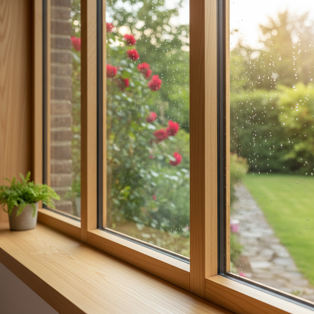 Zbliżenie na nowoczesne, drewniane okno trzyszybowe, pokazujące jego solidną konstrukcję i grubość. Za oknem widać fragment ogrodu, co podkreśla połączenie wnętrza z naturą.