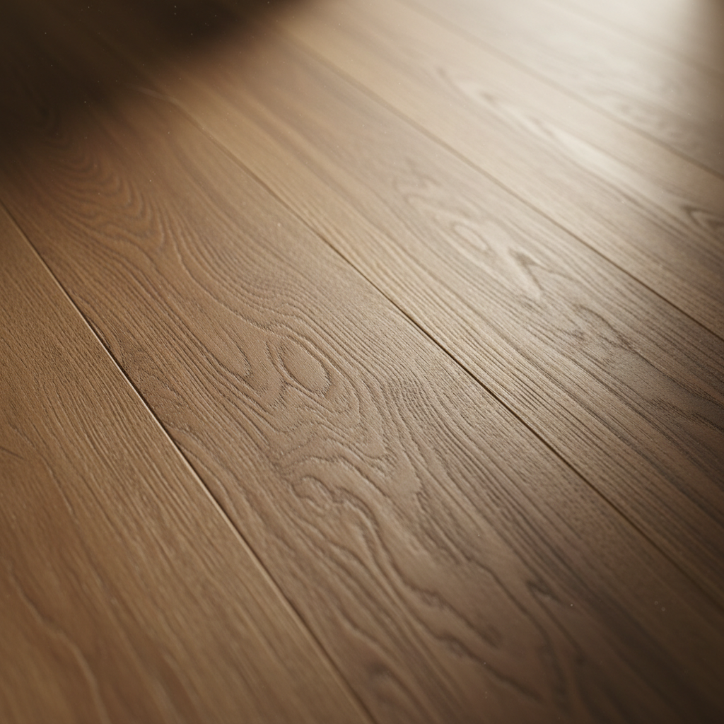 Zbliżenie na fragment olejowanej podłogi dębowej, wykonane pod kątem, aby uchwycić grę światła na matowej powierzchni. Widać wyraźnie każdy szczegół usłojenia i naturalną teksturę drewna. Paleta barw jest ciepła, od miodowego po głęboki brąz.