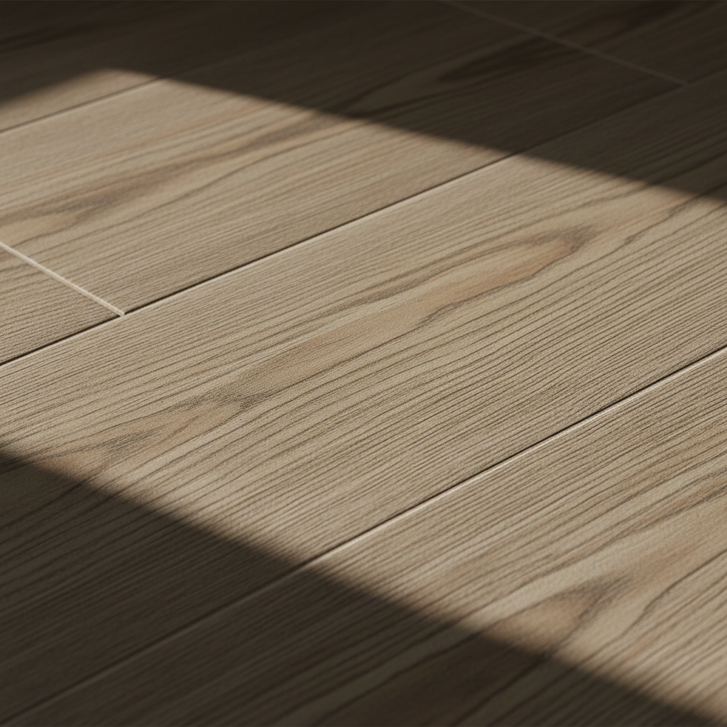 Makro zbliżenie na matowe płytki ceramiczne imitujące drewno, ułożone na podłodze łazienki. Światło pada pod kątem, podkreślając subtelną, realistyczną fakturę słojów drewna. Widoczny fragment fugi jest minimalny i idealnie dobrany kolorystycznie. Scena emanuje ciepłem i dbałością o detale.