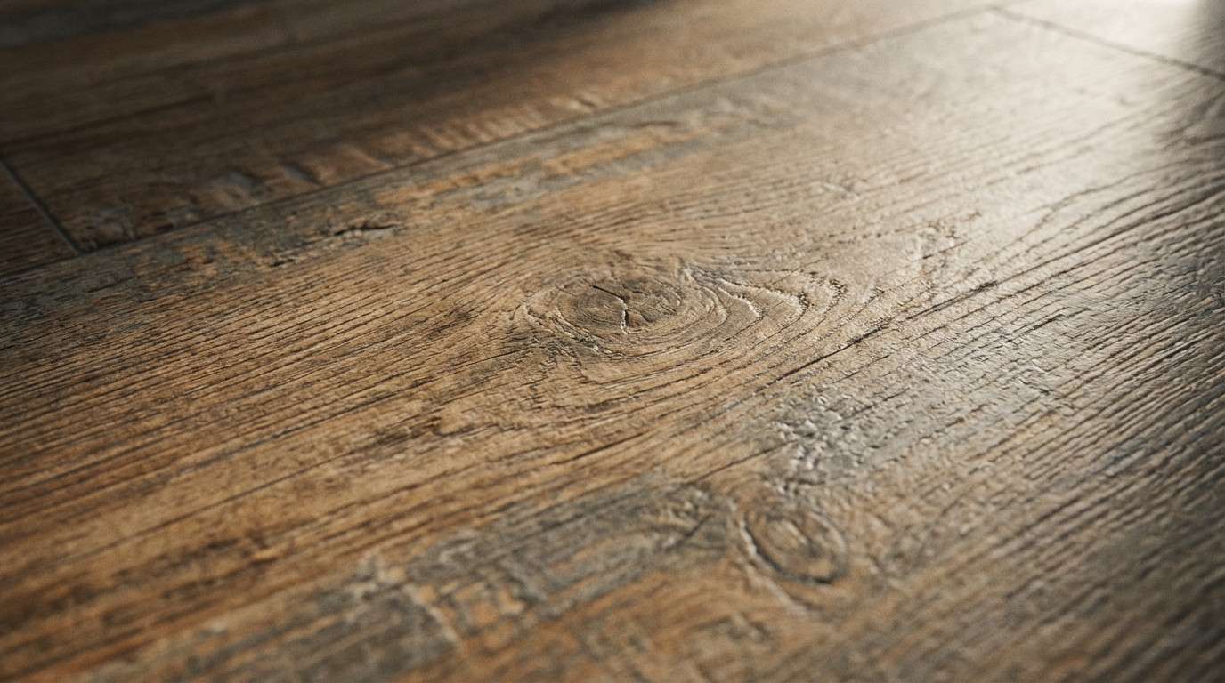 Zdjęcie makro ukazujące fragment podłogi z płytek ceramicznych imitujących drewno z kolekcji Trophy lub Baima. Widoczna jest niezwykle realistyczna faktura, zarysy słojów, sęków i delikatnych przetarć. Światło pada pod kątem, podkreślając trójwymiarową strukturę powierzchni płytki.