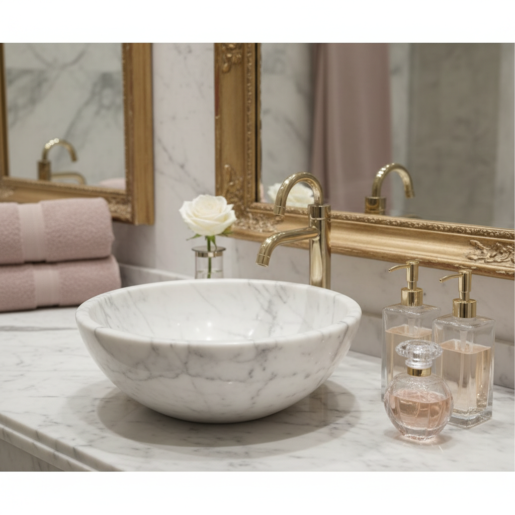 Zbliżenie na elegancką, marmurową umywalkę nablatową. Obok niej stoją stylowe, szklane dozowniki na mydło, flakon perfum i mały wazonik ze świeżym kwiatem. W tle widać fragment lustra w złotej ramie oraz miękki, puszysty ręcznik w kolorze pudrowego różu, starannie zwinięty w rulon.
