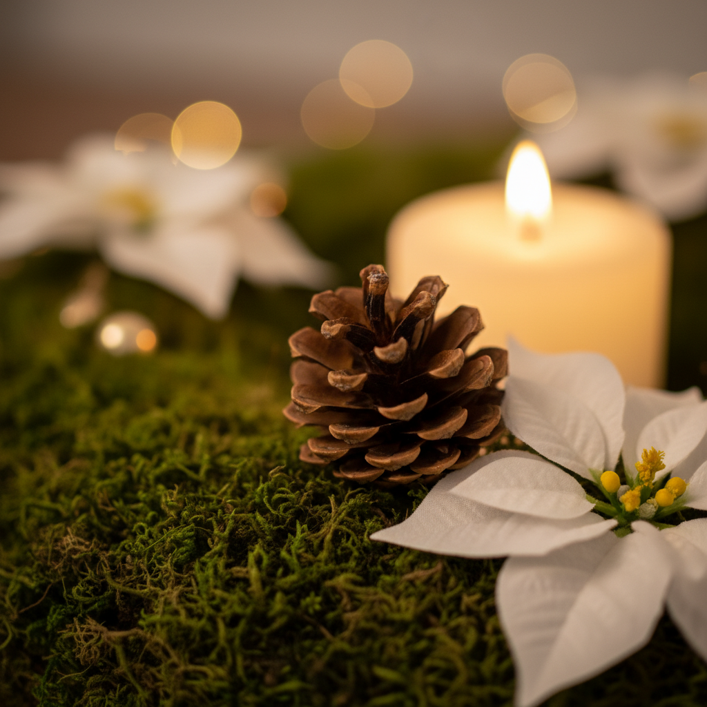 Zdjęcie w trybie makro, które ukazuje detale gotowego wieńca. Ostrość skupiona jest na fakturze zielonego mchu, jednej idealnej szyszce i delikatnych, białych płatkach poinsecji. W tle widać miękki, ciepły blask świecy, co nadaje zdjęciu głębi i przytulnego charakteru.