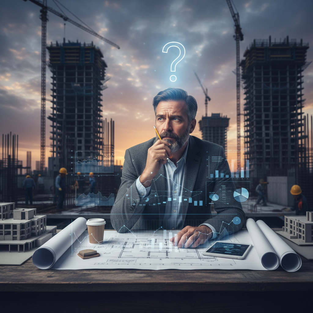 Zamyślony deweloper przeglądający plany architektoniczne, symbolizujące przyszłą niepewność i konieczność planowania.