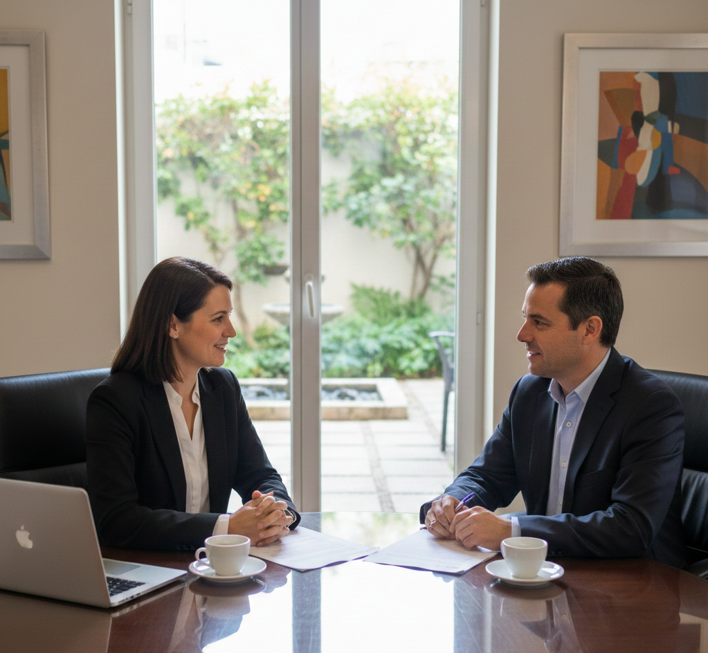 Dwie osoby, reprezentujące najemcę i zarząd wspólnoty, siedzące naprzeciwko siebie przy stole konferencyjnym w przyjaznej, ale profesjonalnej atmosferze. Dyskutują nad dokumentami, na stole leży laptop i filiżanki z kawą. W tle widać okno z widokiem na zadbane patio. Scena ma być profesjonalna, ale nie napięta, sugerująca konstruktywny dialog.