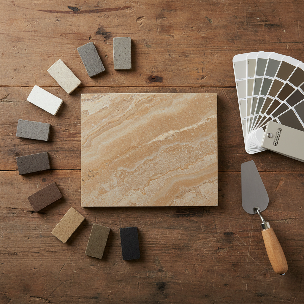 Aranżacja flat lay na drewnianym stole roboczym. W centrum leży piękna, duża płytka z kamienia naturalnego o ciepłym, beżowym odcieniu. Wokół niej ułożone są próbki fug w różnych kolorach - od białego, przez szarości, beże, aż po grafit i czerń. Obok leży próbnik kolorów i mała szpachelka, co sugeruje proces świadomego wyboru.