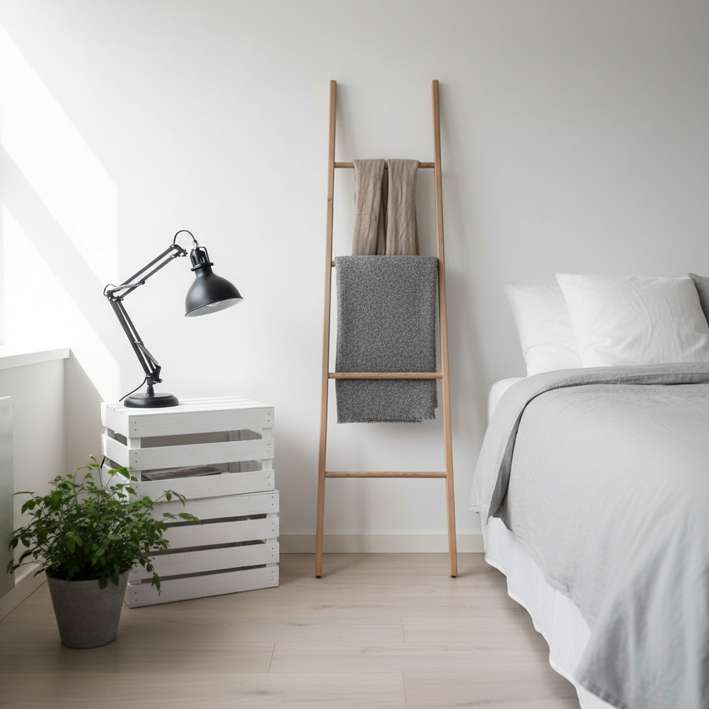 Kącik skandynawskiej sypialni. Obok łóżka stoi szafka nocna zrobiona z dwóch białych, drewnianych skrzynek ułożonych jedna na drugiej. Na niej stoi czarna, metalowa lampka w stylu industrialnym. O ścianę oparta jest prosta, drewniana drabina, na której wiszą szary wełniany koc i lniany szal.