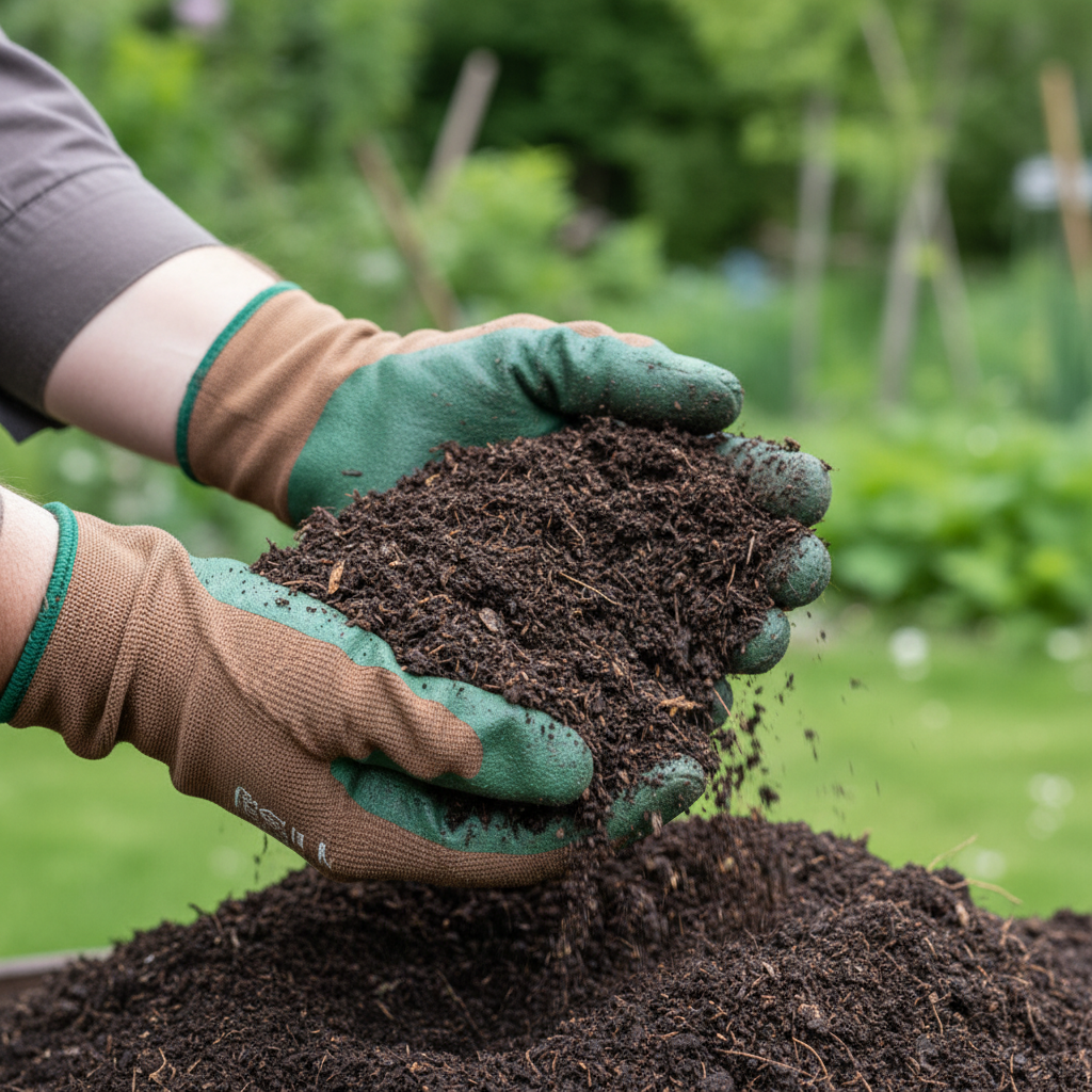 Zbliżenie na dłonie ogrodnika ubrane w robocze rękawice, które nabierają garść gotowego, dojrzałego kompostu. Kompost jest ciemny, sypki, o jednolitej, gruzełkowatej strukturze. W tle widać rozmazaną zieleń ogrodu.