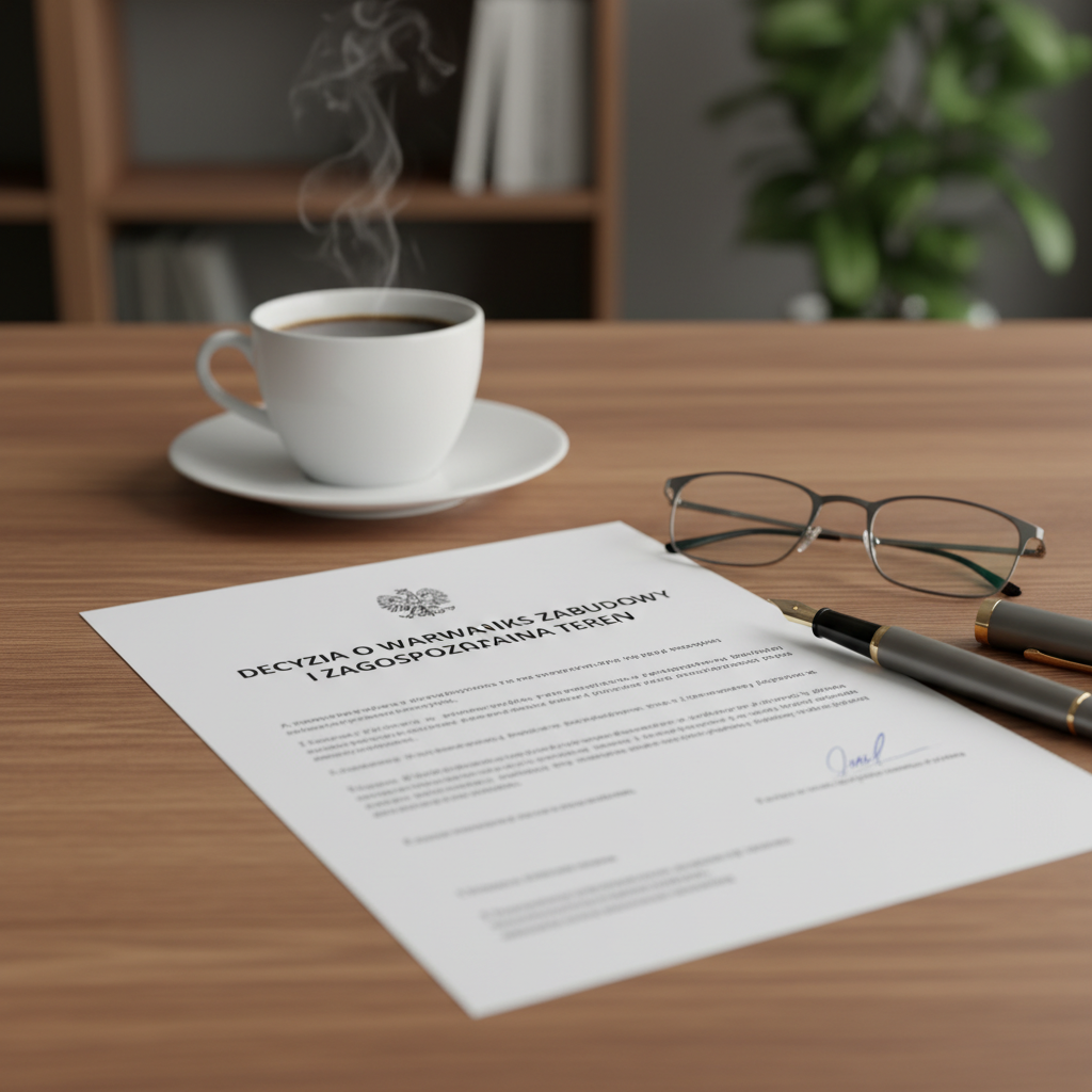 Elegancka kompozycja na drewnianym stole biurkowym. W centrum leży oficjalny dokument z nagłówkiem 