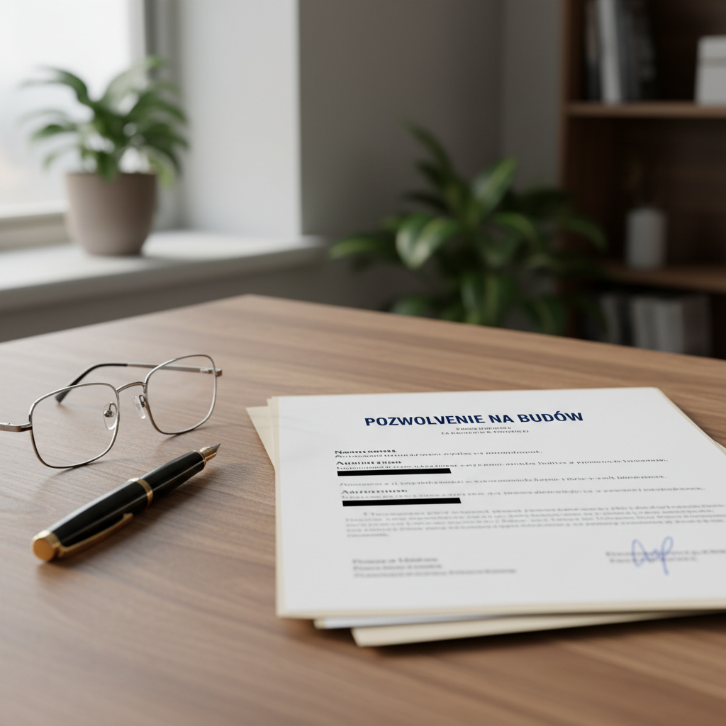 Estetyczne ujęcie biurka, na którym leżą dokumenty z pieczątką "Pozwolenie na budowę". Część tekstu, np. dane osobowe, jest symbolicznie zakryta eleganckim, czarnym paskiem, co ilustruje proces anonimizacji. Obok leżą okulary i nowoczesne pióro, nadając scenie profesjonalny charakter.