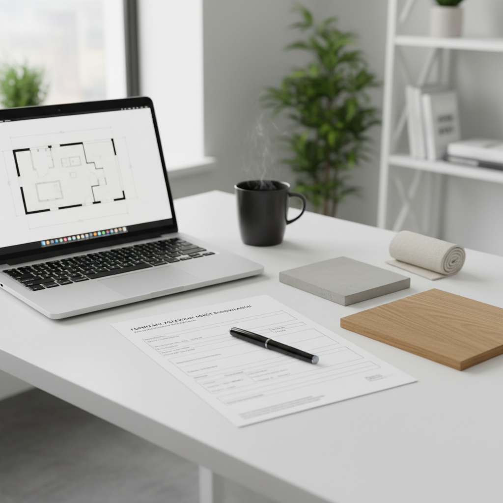 Ujęcie z perspektywy osoby siedzącej przy biurku. Na blacie leży otwarty laptop, formularz zgłoszenia robót budowlanych, długopis i kilka próbek materiałów wykończeniowych. Panuje porządek, co symbolizuje dobrze zorganizowany proces przygotowania formalności.